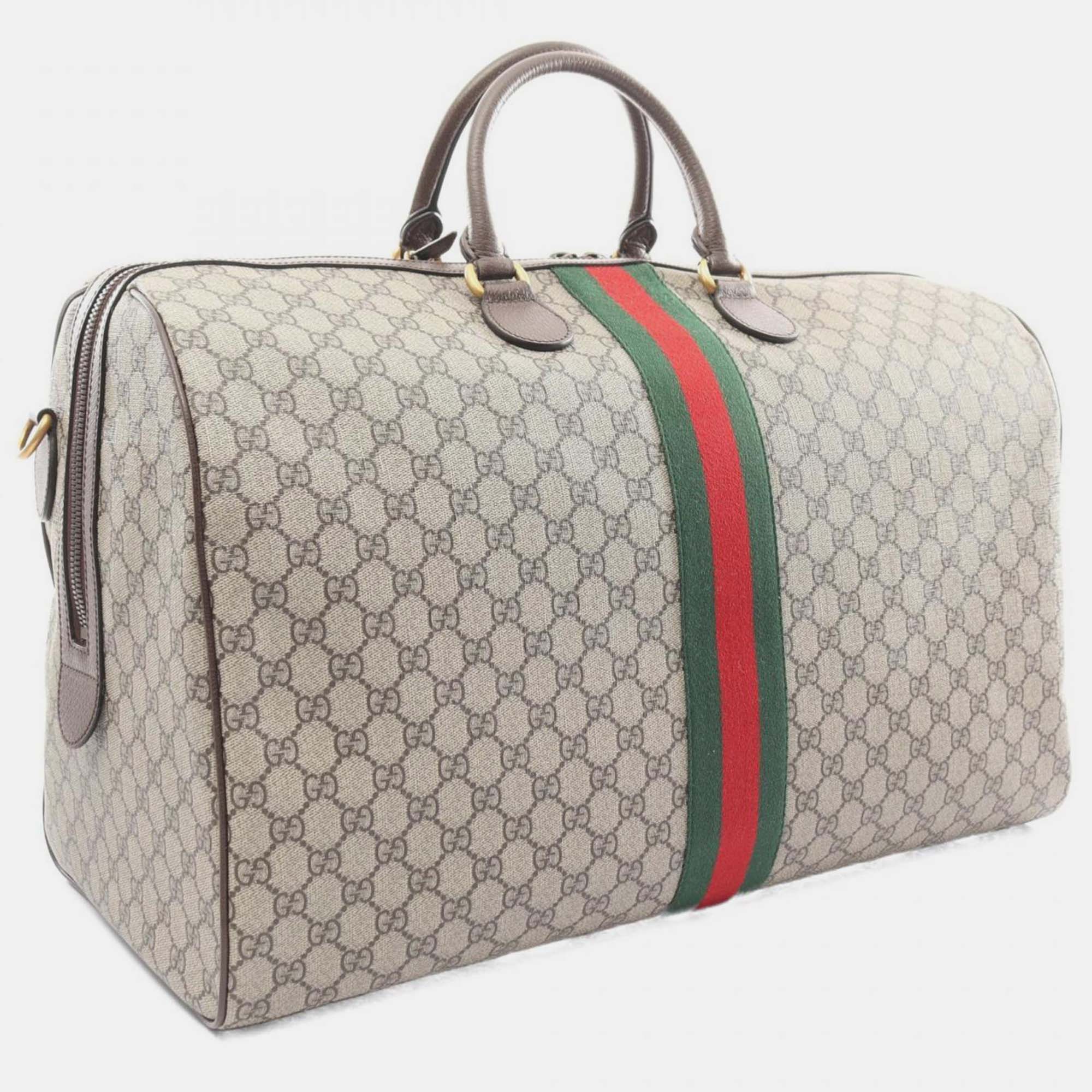 Gucci Beige Brown Multicolor Coated Canvas Leather GG Supreme Sherry Line Boston Bag 