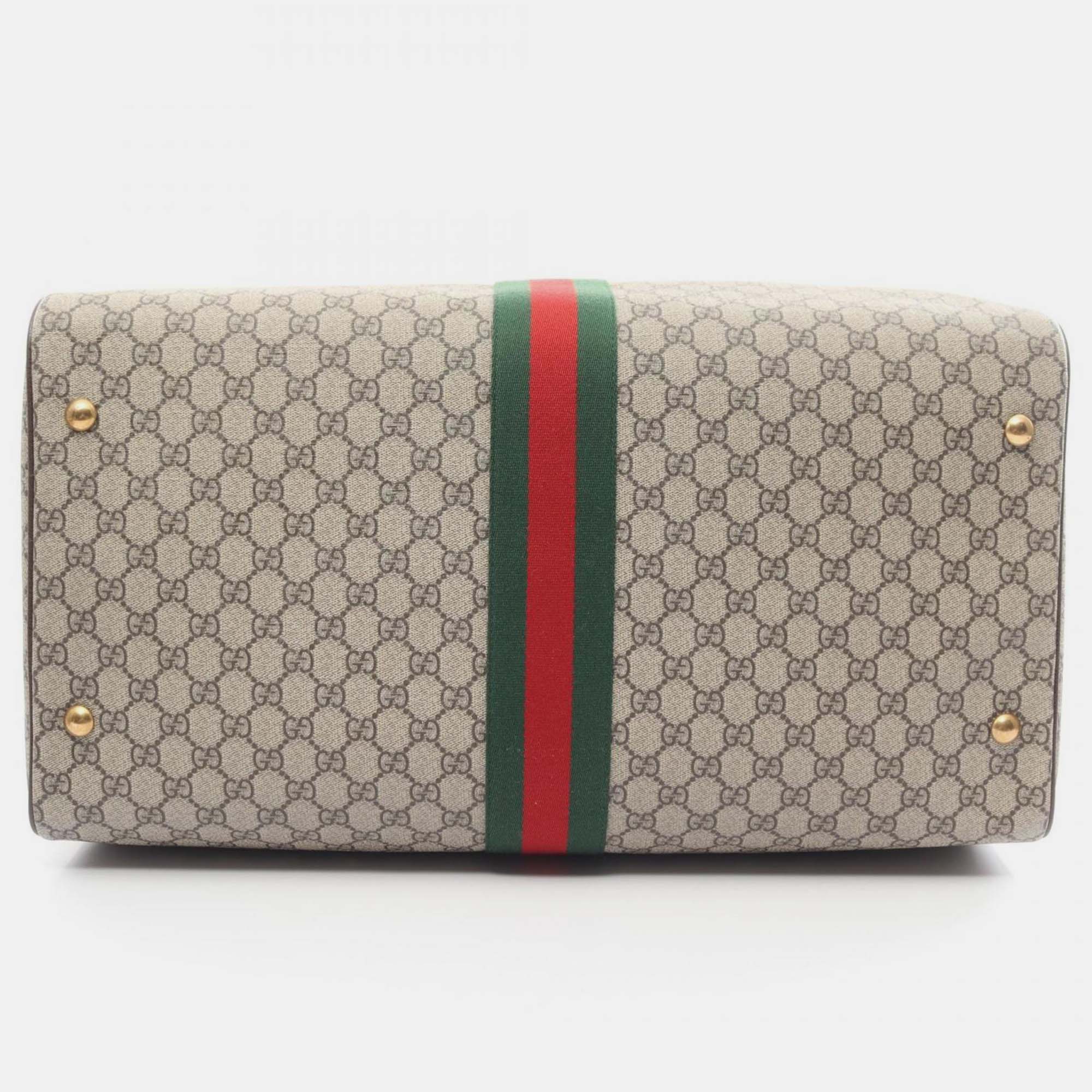 Gucci Beige Brown Multicolor Coated Canvas Leather GG Supreme Sherry Line Boston Bag 