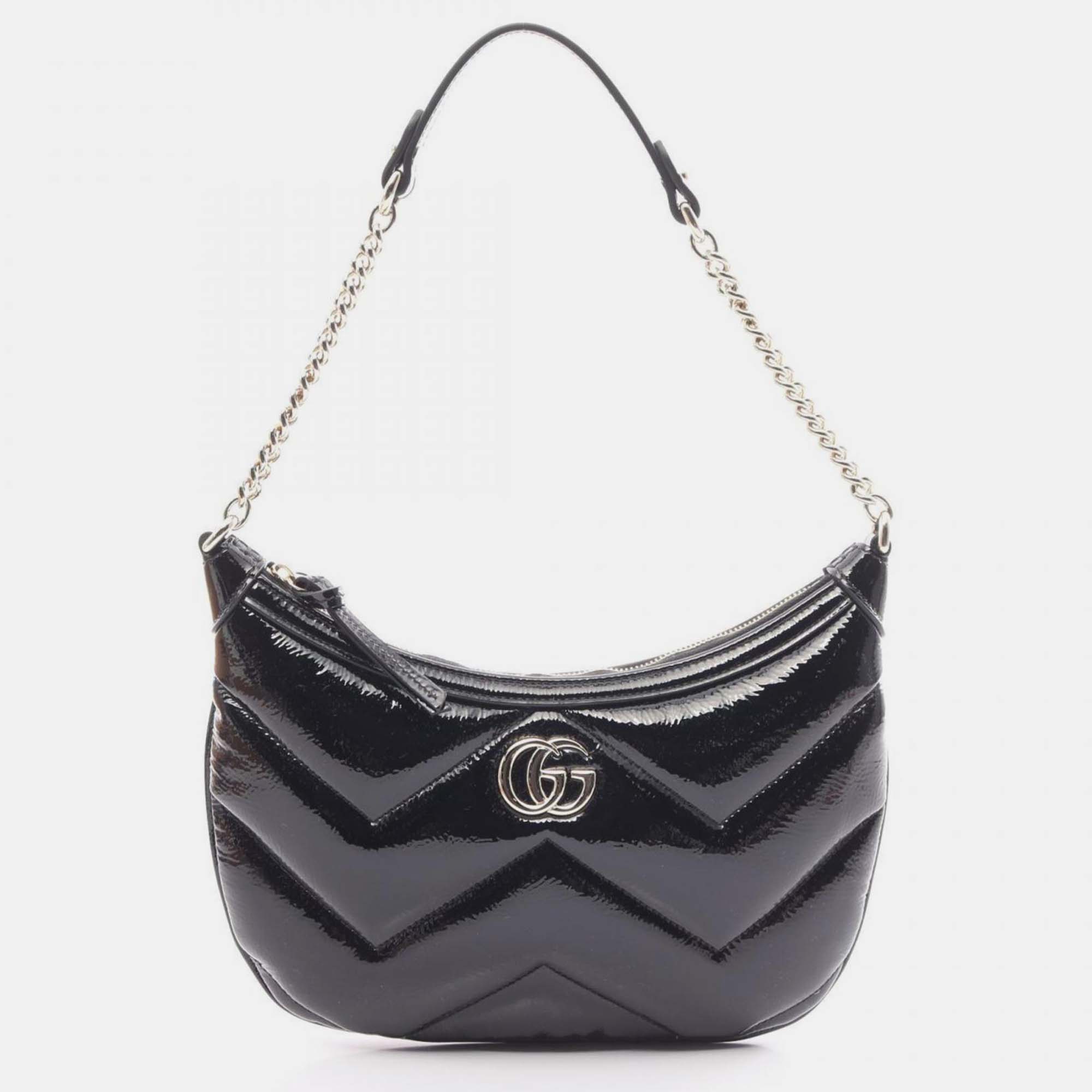 

Gucci Black Patent Leather GG Marmont Small Shoulder Bag