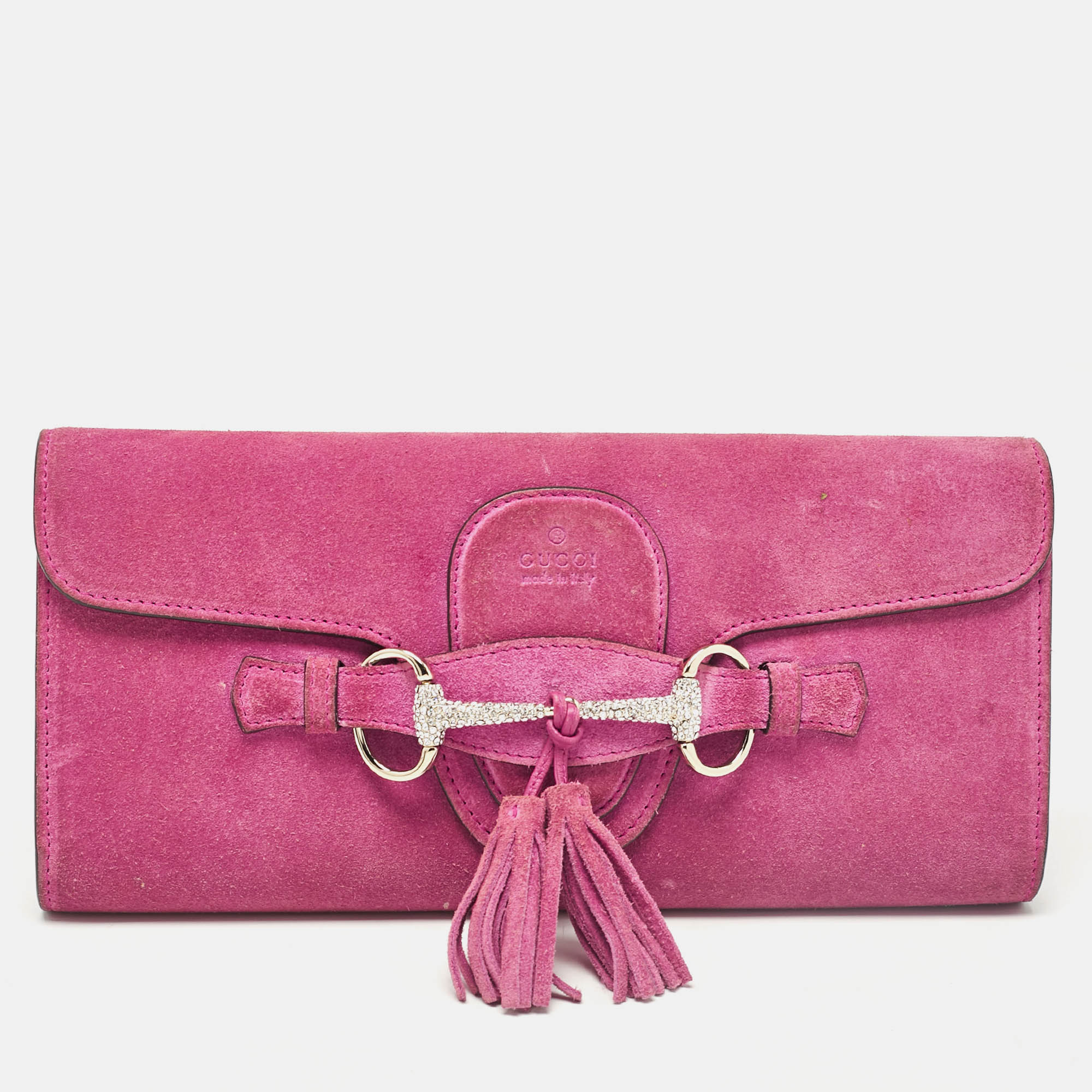 

Gucci Pink Suede Crystals Horsebit Broadway Clutch