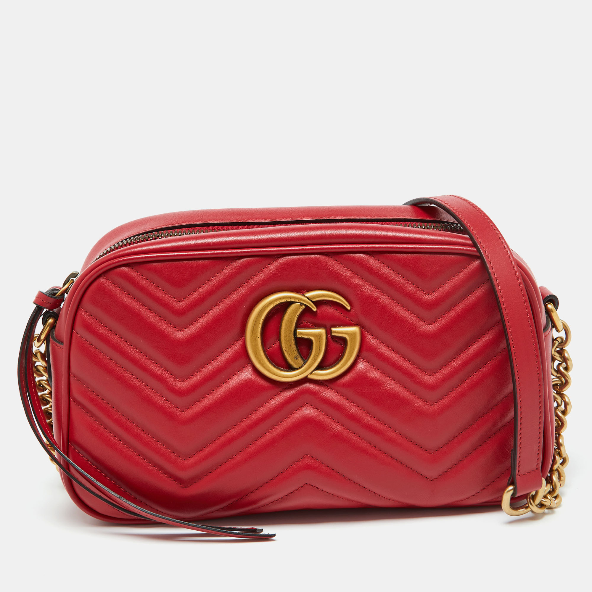 Pre-owned Gucci Red Matelassé Leather Small Gg Marmont Shoulder Bag