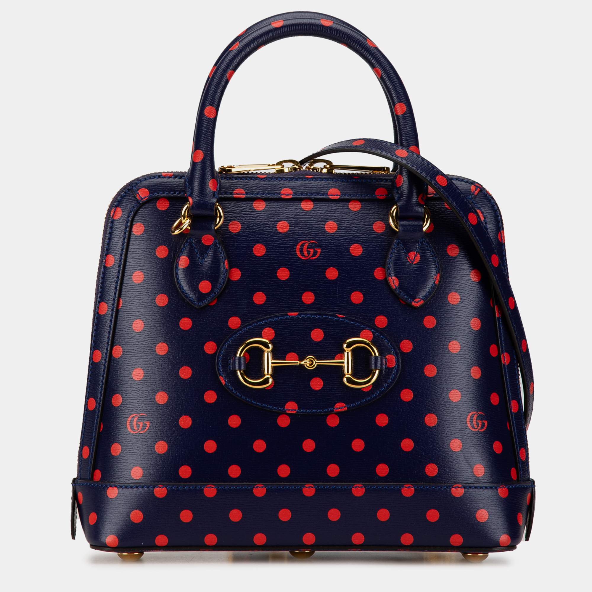 

Gucci Navy Blue Leather Small Horsebit 1955 Polka Dot Top Handle Satchel Bag