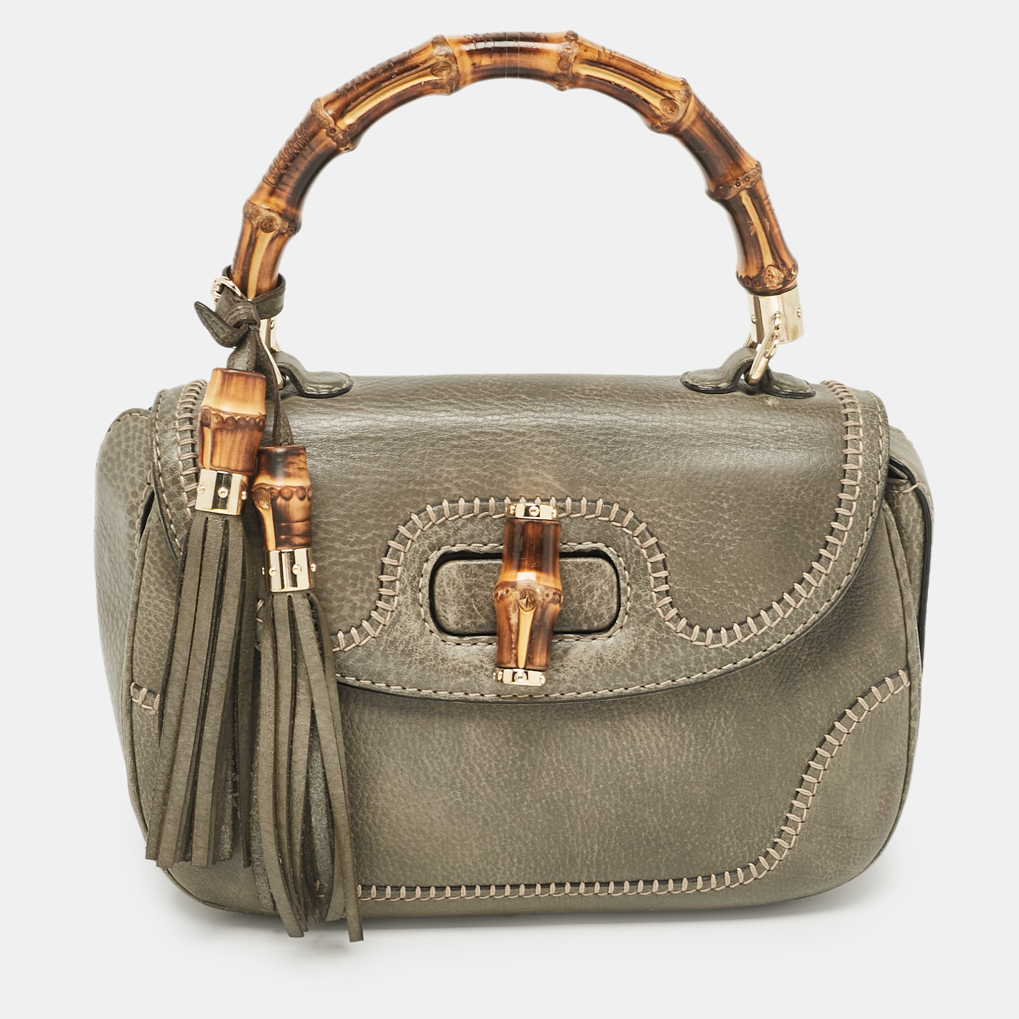 

Gucci Grey Leather  New Bamboo Top Handle Bag