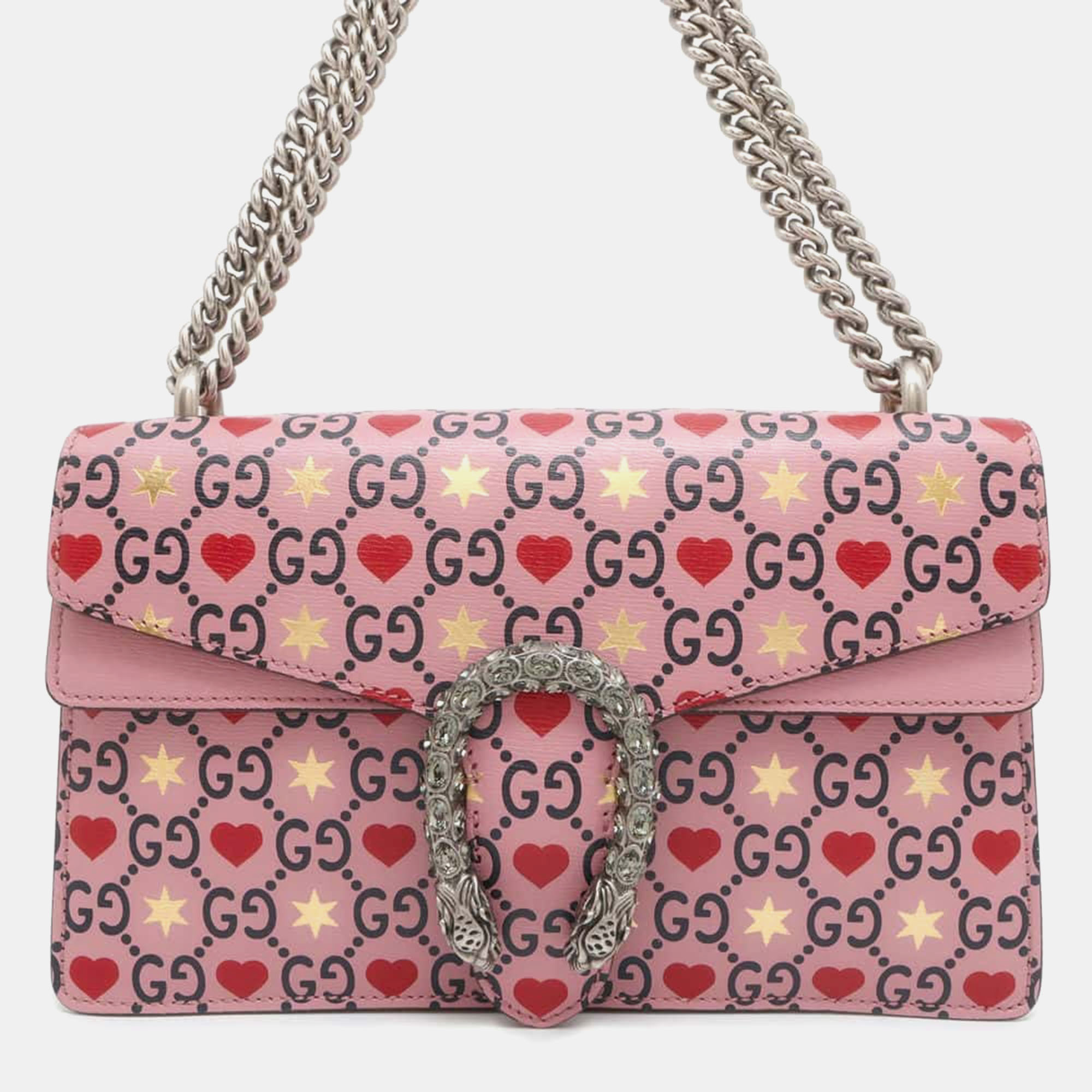 

Gucci Pink Leather Dionysus GG Supreme Heart Valentine Chain Shoulder Small Bag