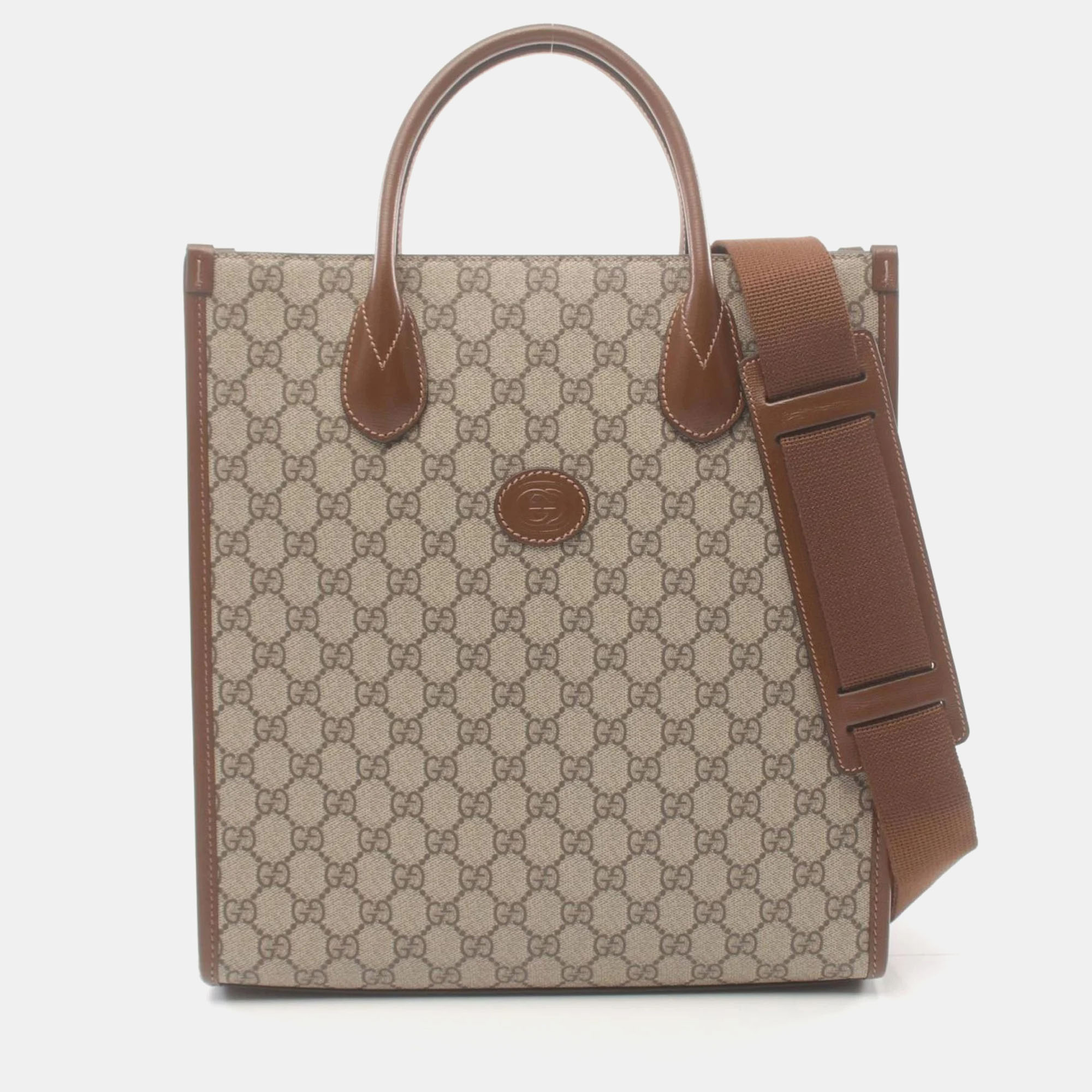 Pre-owned Gucci Beige Brown Coated Canvas Leather Gg Supreme Tote Bag