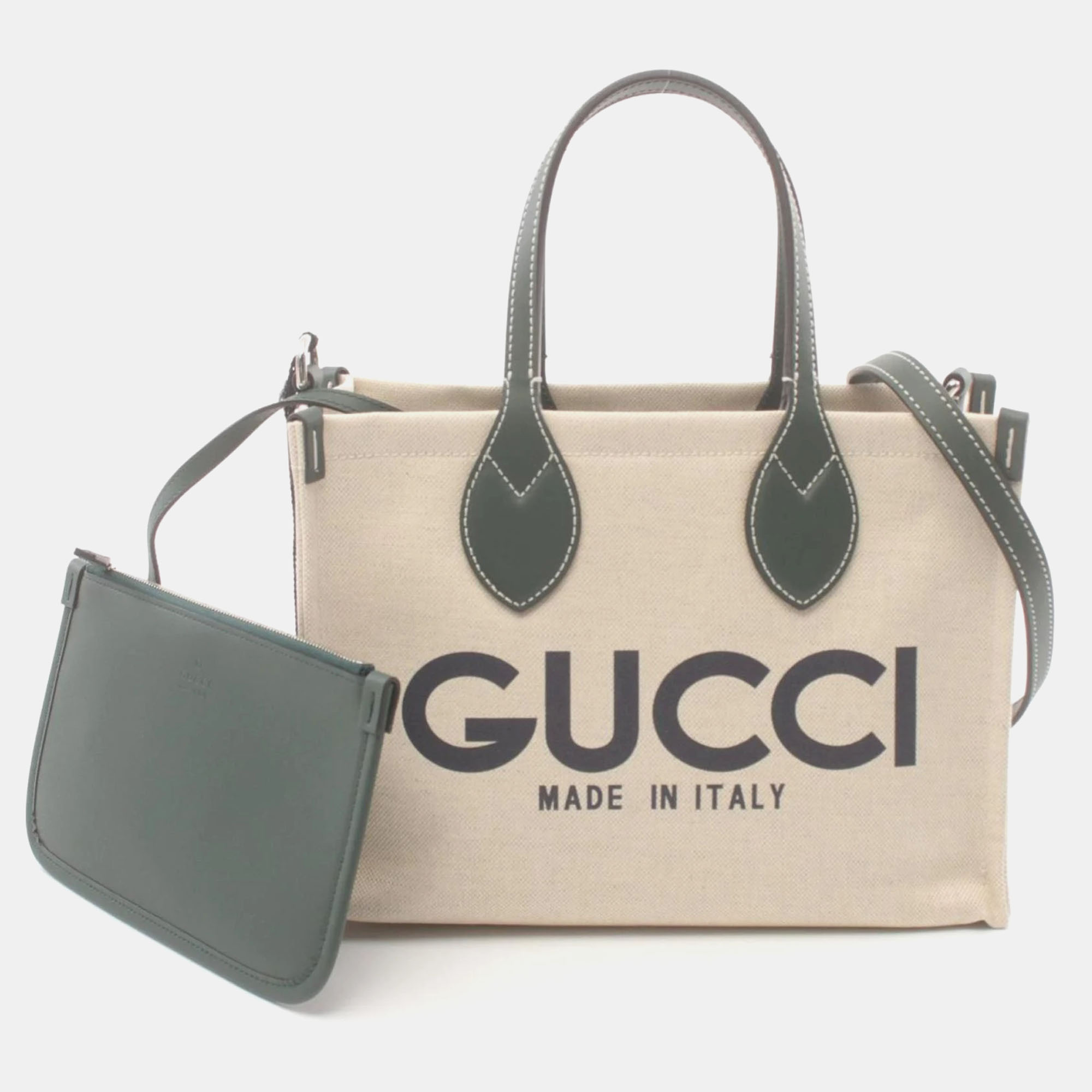 

Gucci Beige Green Canvas Leather Printed Bag