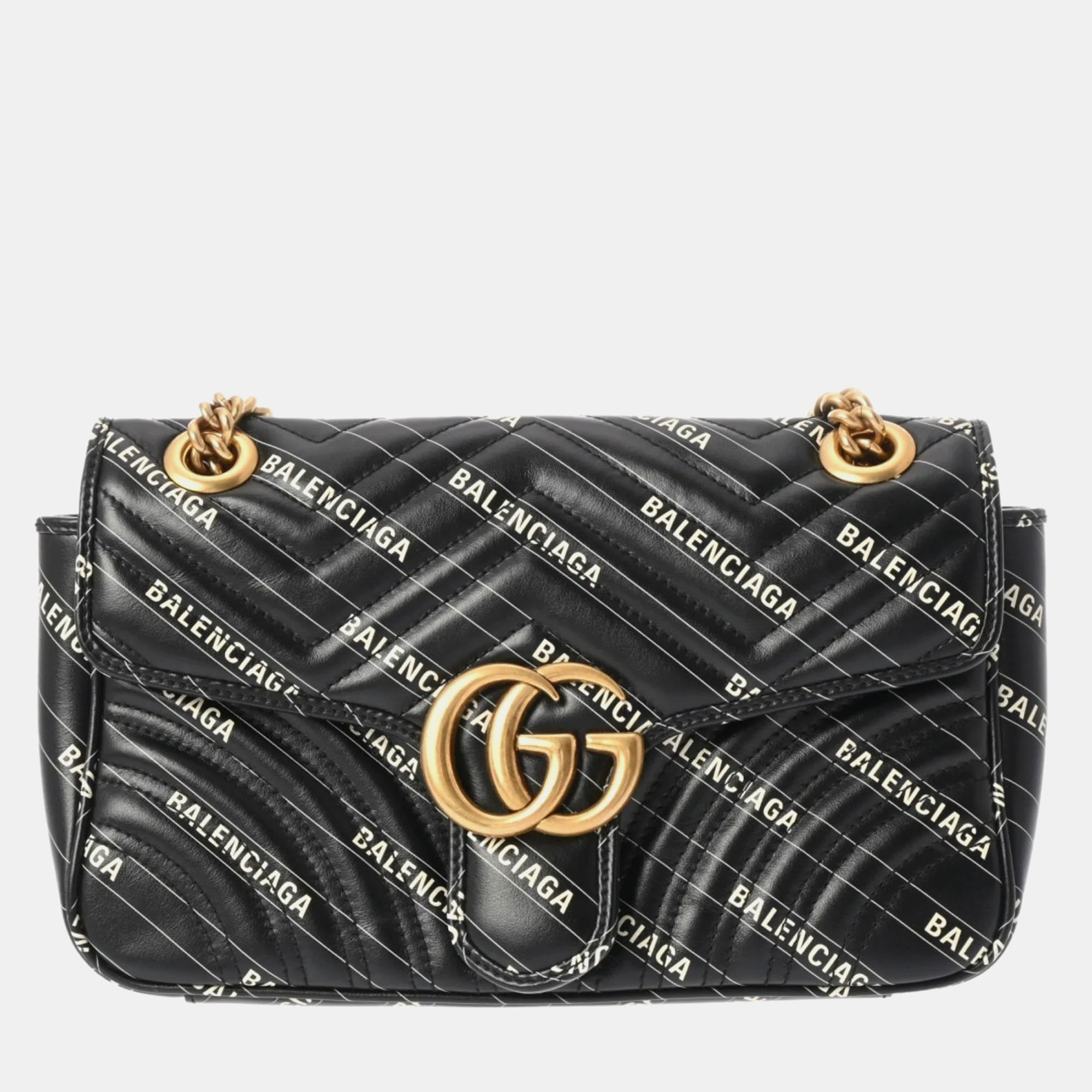 Pre-owned Gucci Black Leather Gg Marmont Chain Shoulder Bag