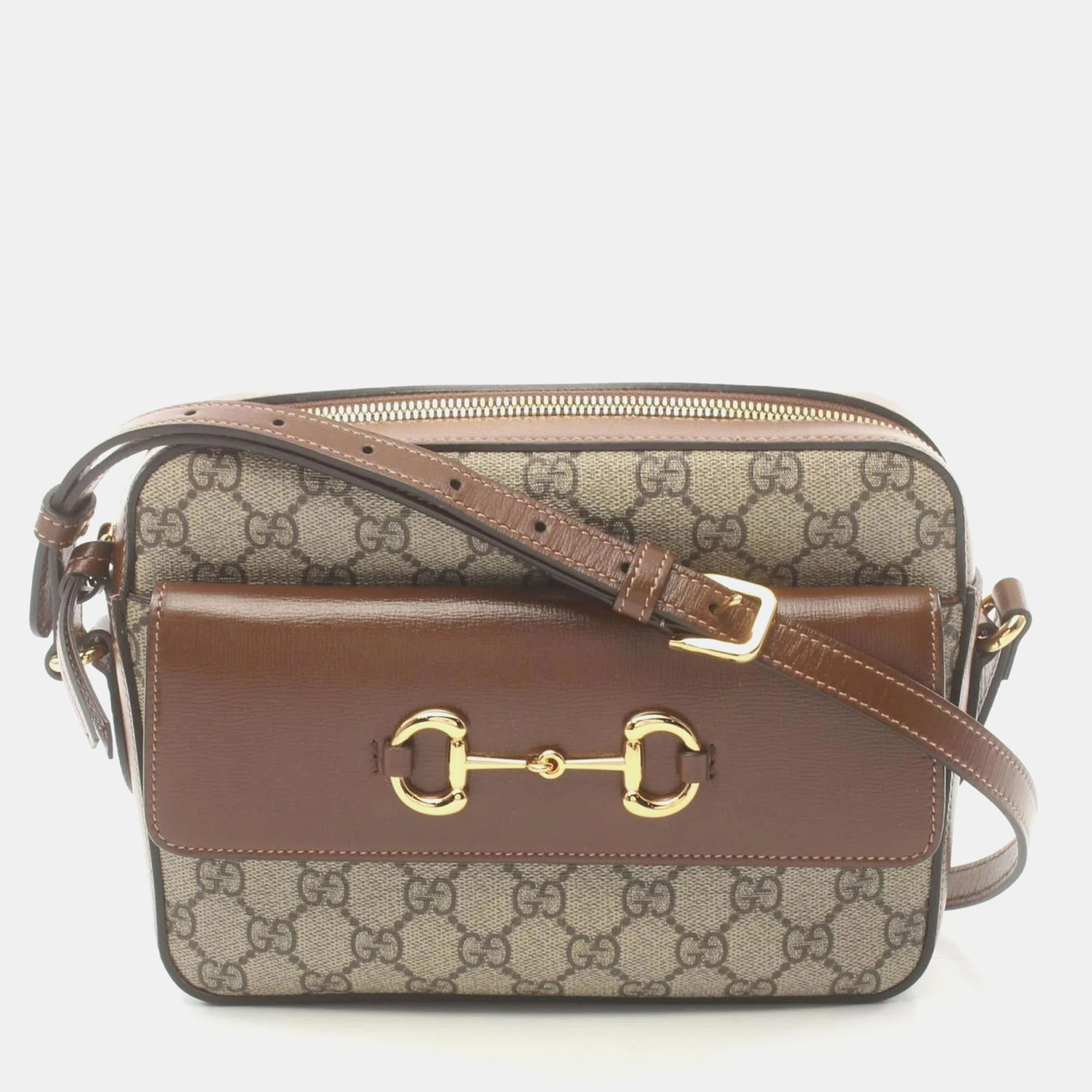 Pre-owned Gucci Beige Brown Coated Canvas Leather Horsebit 1955 Small Gg Supreme Shoulder Bag