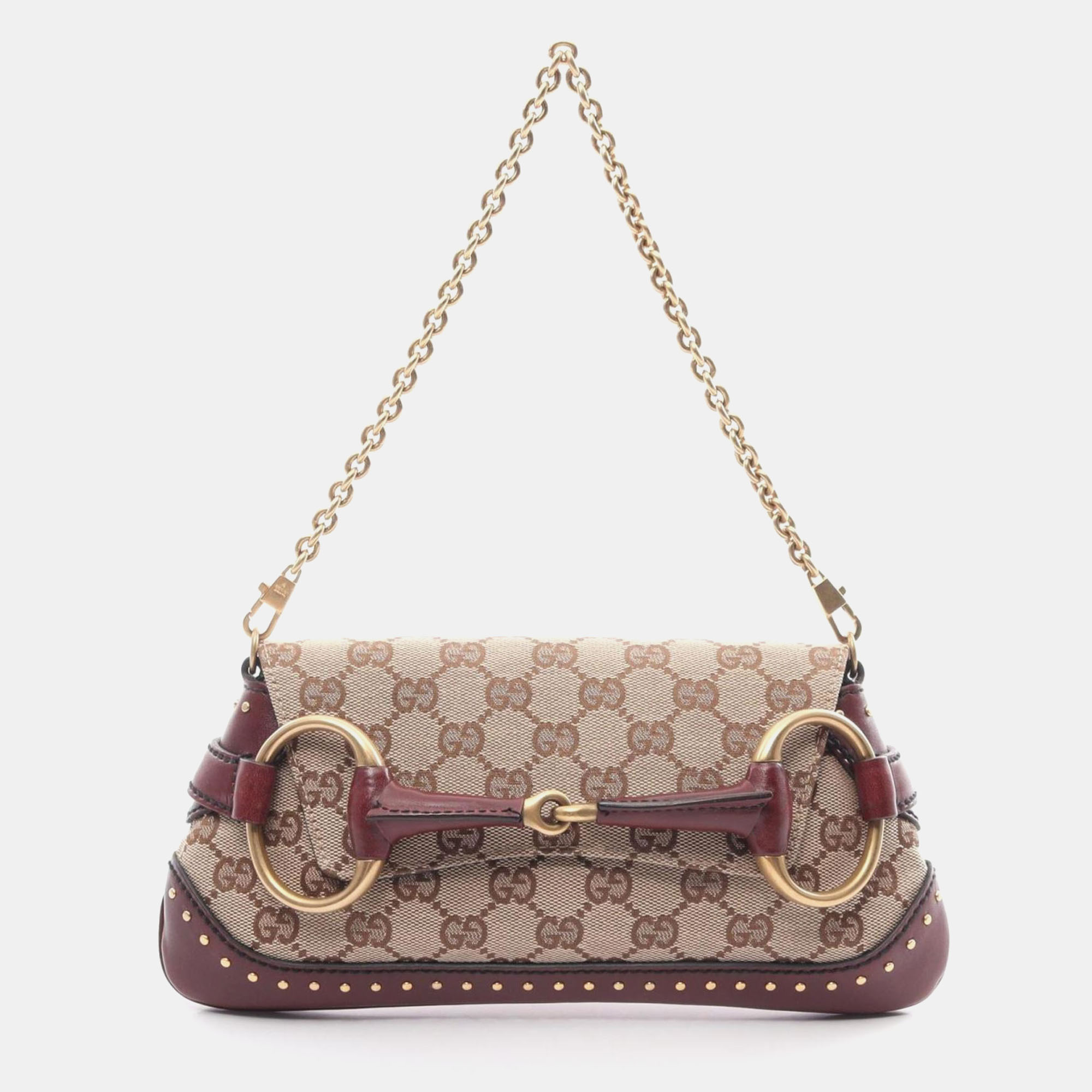 

Gucci Beige Bordeaux Leather Horsebit GG Canvas Handbag