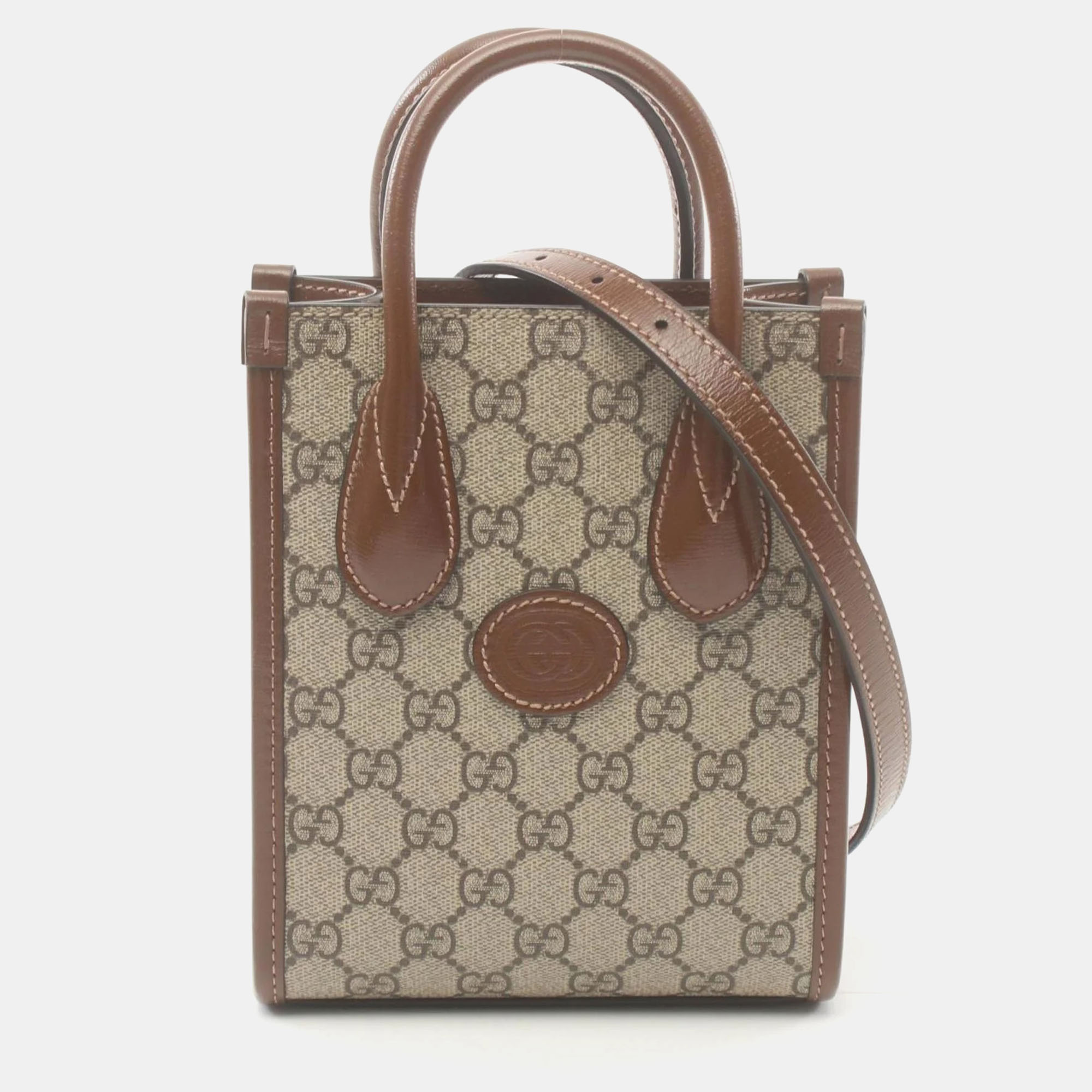 Pre-owned Gucci Beige Brown Coated Canvas Leather Gg Supreme Tote Bag