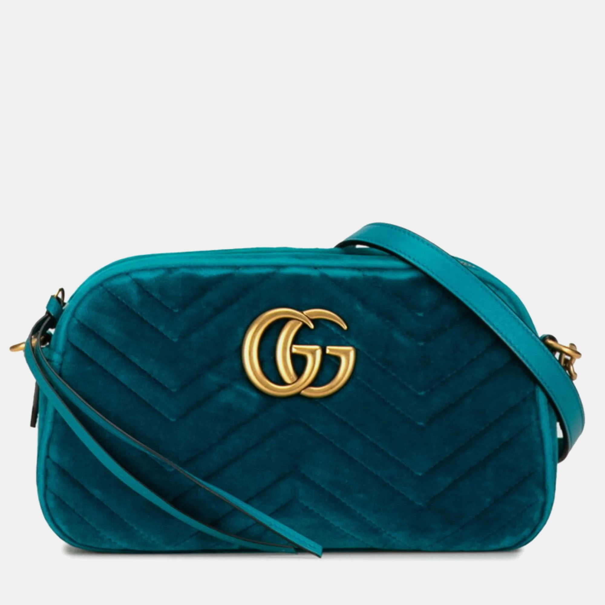 Pre-owned Gucci Blue Velvetgg Marmont Chain Shoulder Bag