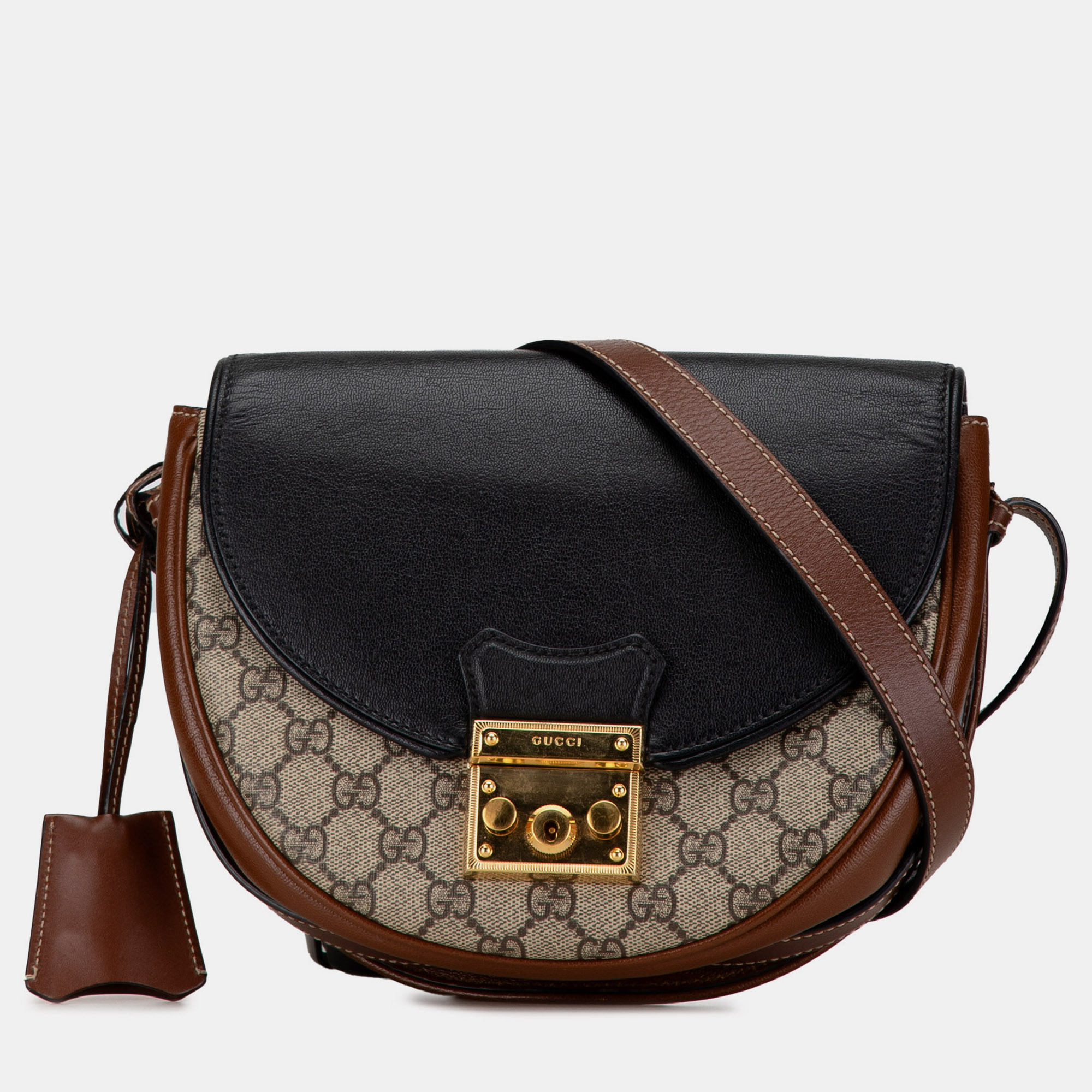 Pre-owned Gucci Brown/black Gg Supreme Saddle Padlock Crossbody