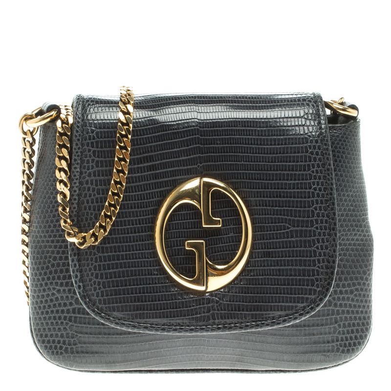 مملوكة مسبقًا Gucci Dark Blue Lizard Small 1973 Chain Crossbody Bag