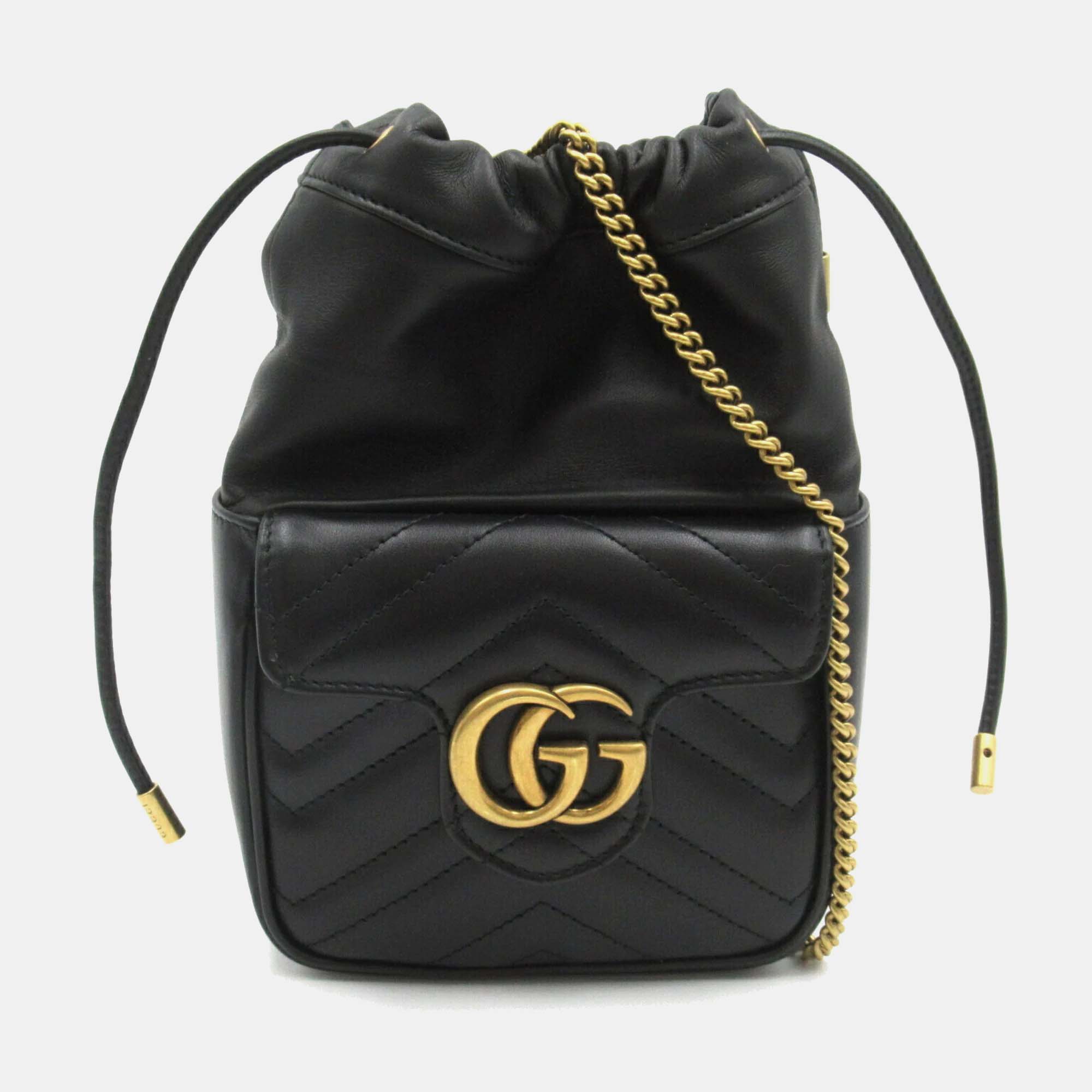 

Gucci Black Leather GG Marmont Quilted Bucket Shoulder Bag