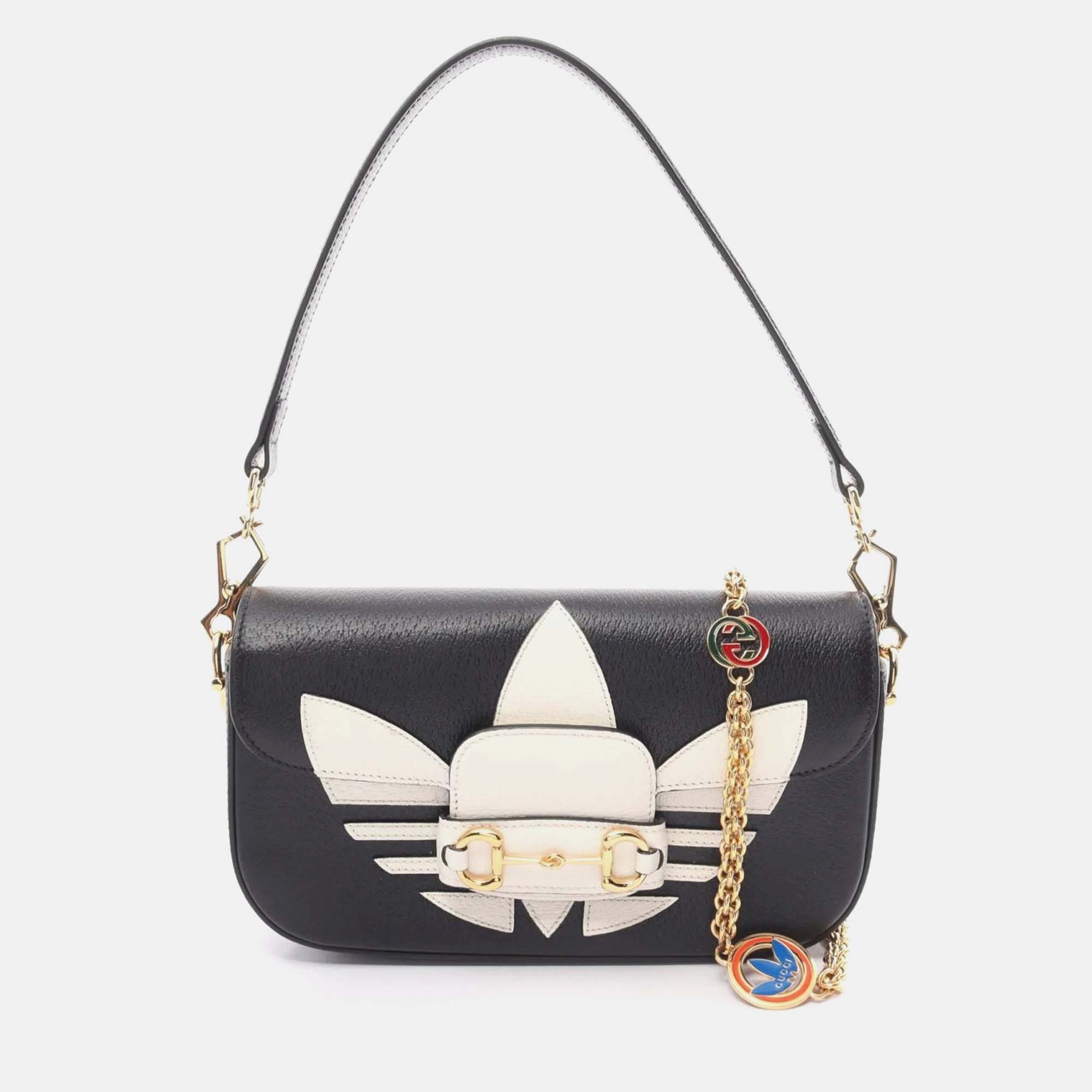 Pre-owned Gucci X Adidas Black White Leather Horsebit Handbag