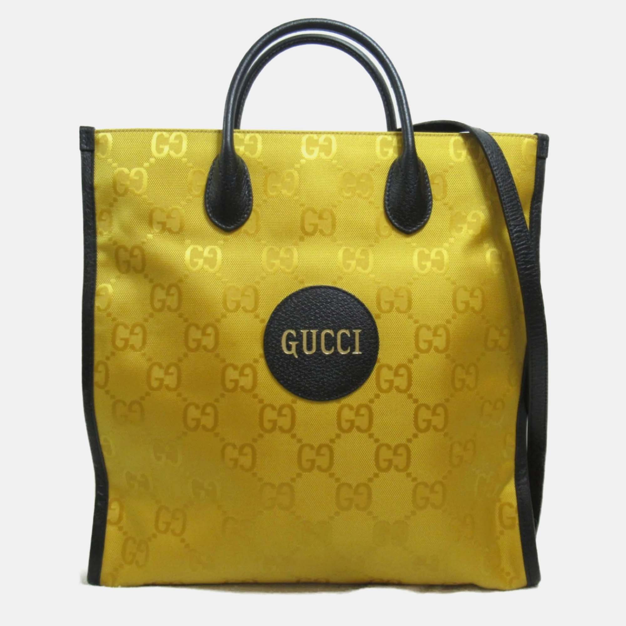 

Gucci Yellow Black Leather Nylon GG Off the Grid Long Bag