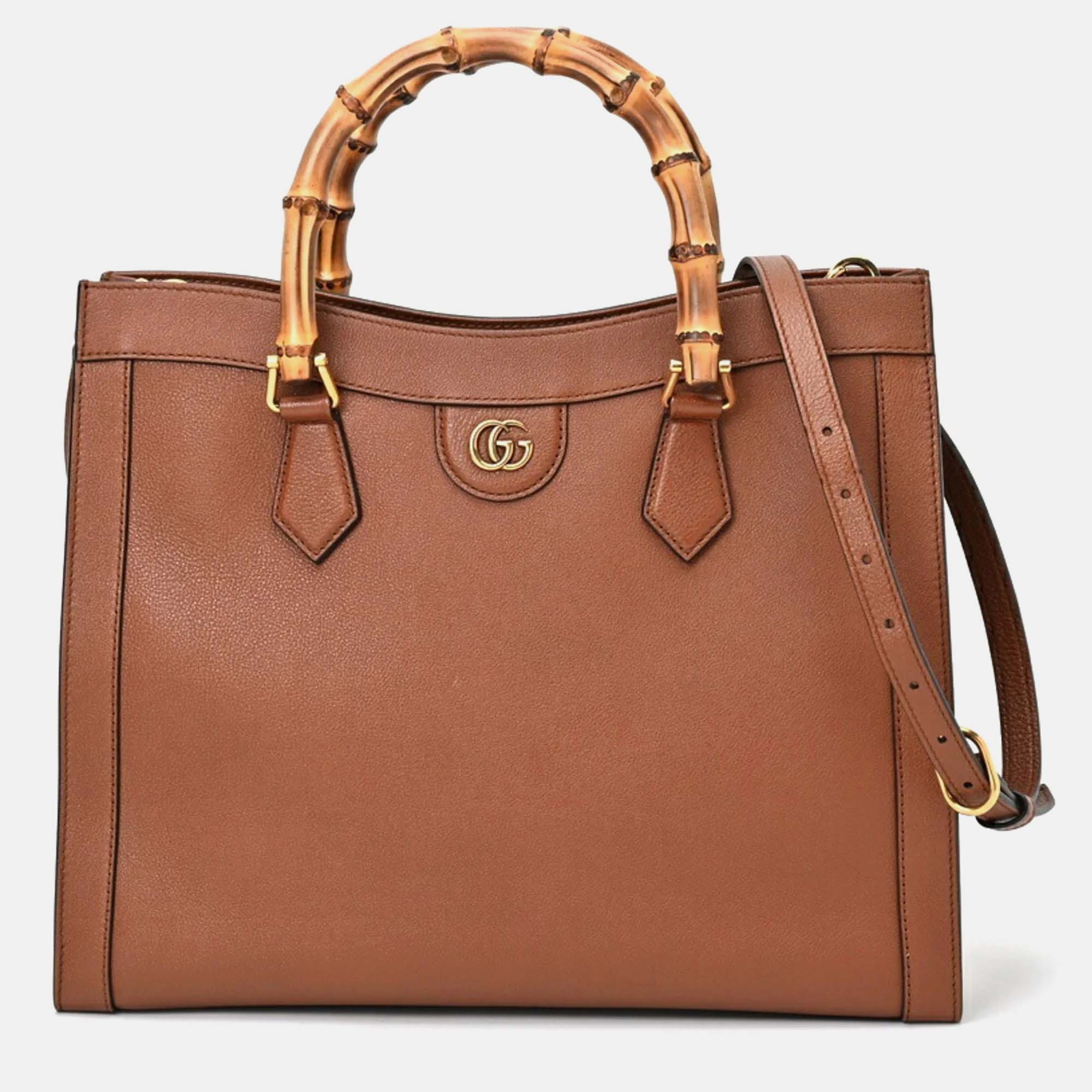 Pre-owned Gucci Brown Leather/bamboo Diana Medium Tote Bag