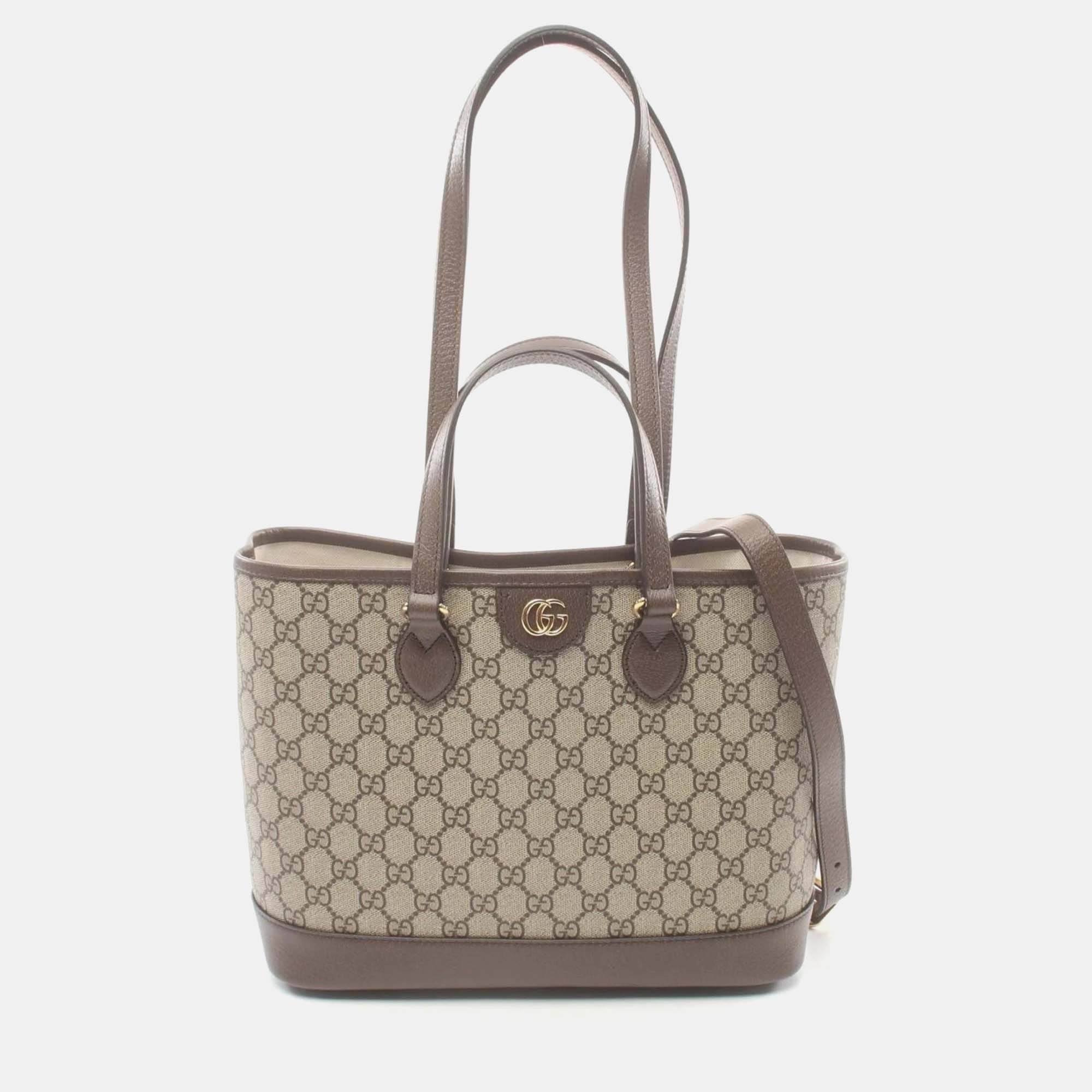 

Gucci Beige Brown Coated Canvas Leather Ophidia Small GG Supreme Tote Bag