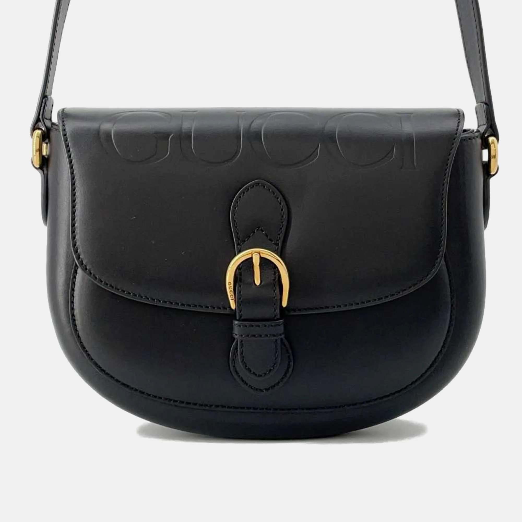 Pre-owned Gucci Black Embossed Buckle Leather Shoulder Bag