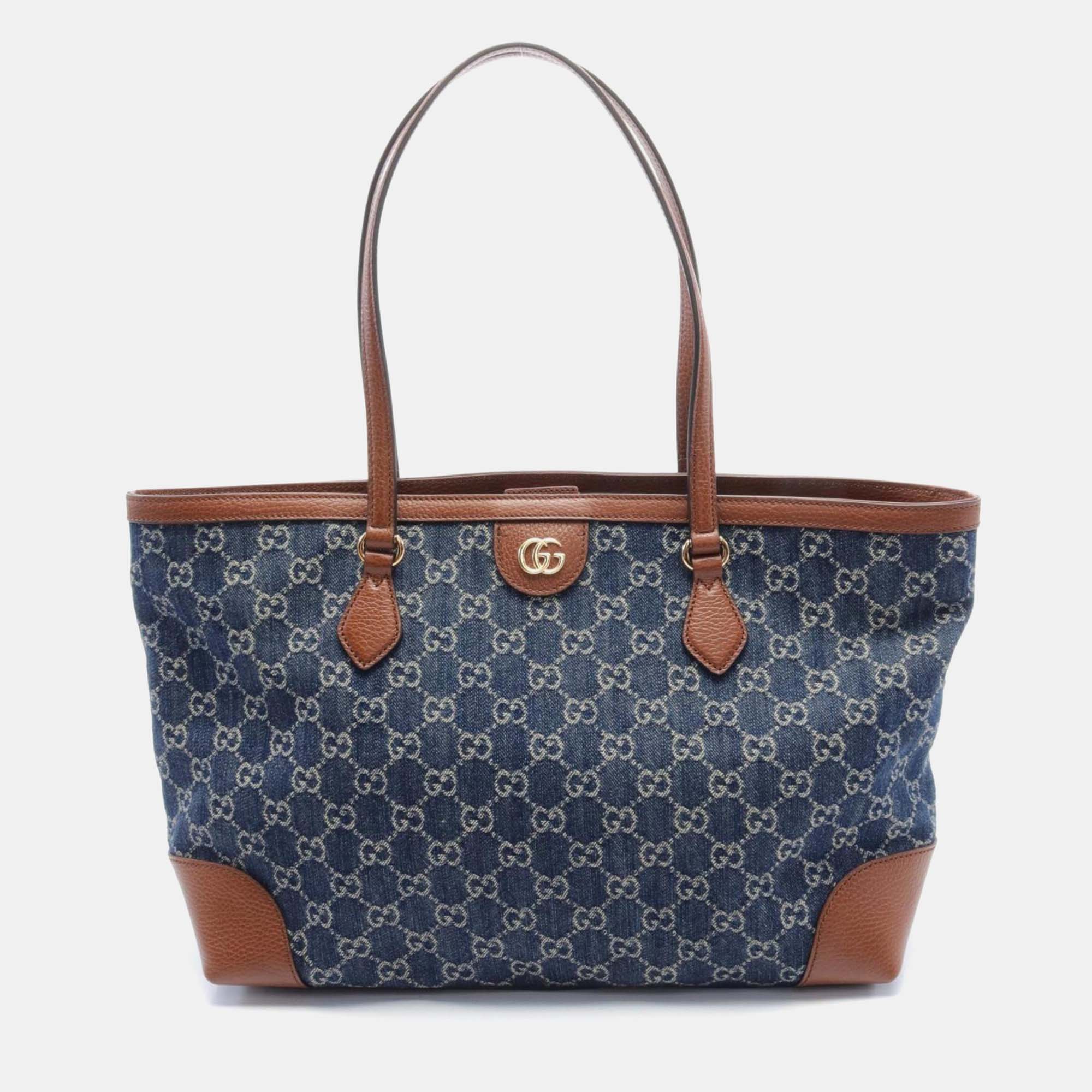 

Gucci Navy Brown Leather Denim Medium GG Tote Bag