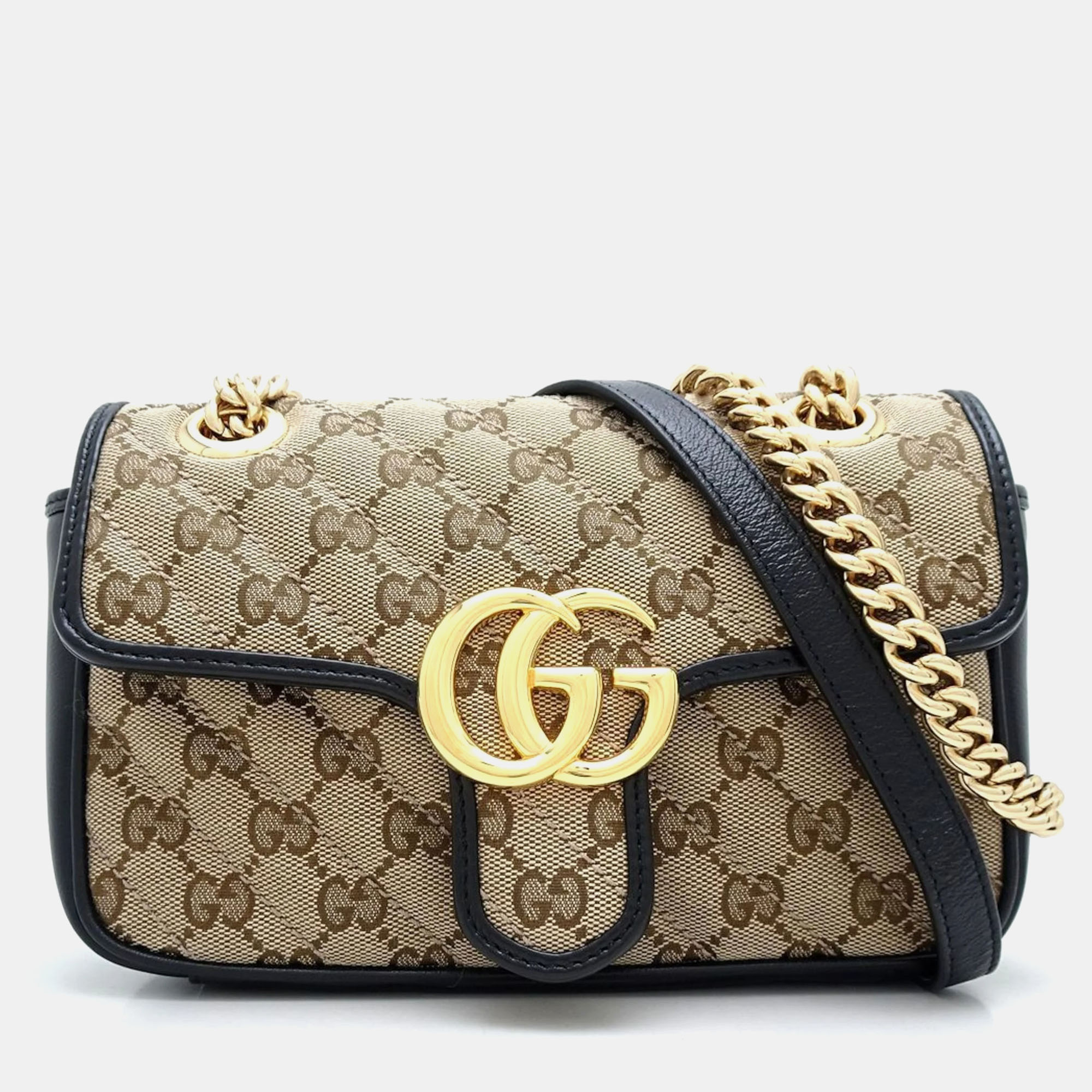 

Gucci Beige Black Canvas x Leather GG Marmont Quilted Bag