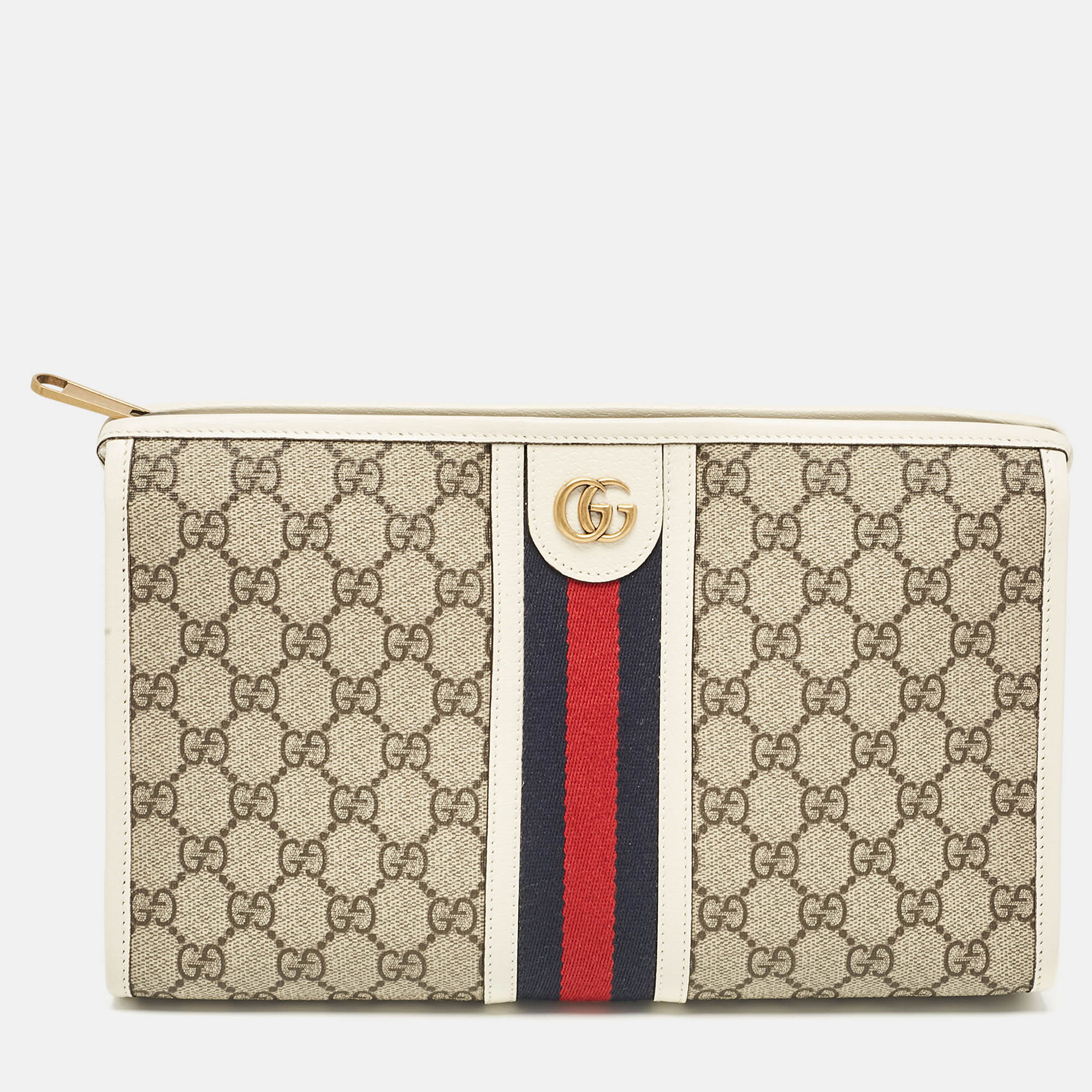 Pre-owned Gucci White/beige Gg Supreme Canvas Ophidia Pouch