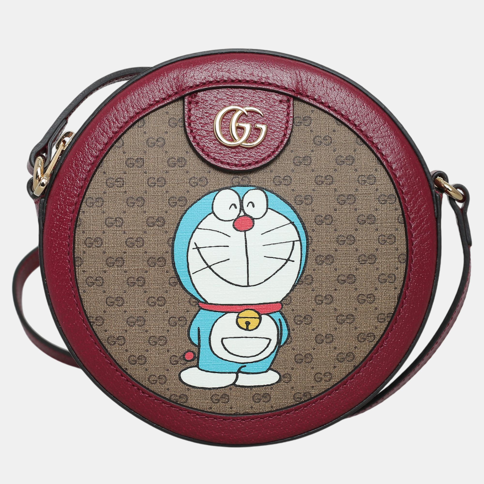 

Gucci Maroon, Dark Brown Leather, Coated Canvas Doraemon Fujiko-Pro Mini GG Round Crossbody Bag