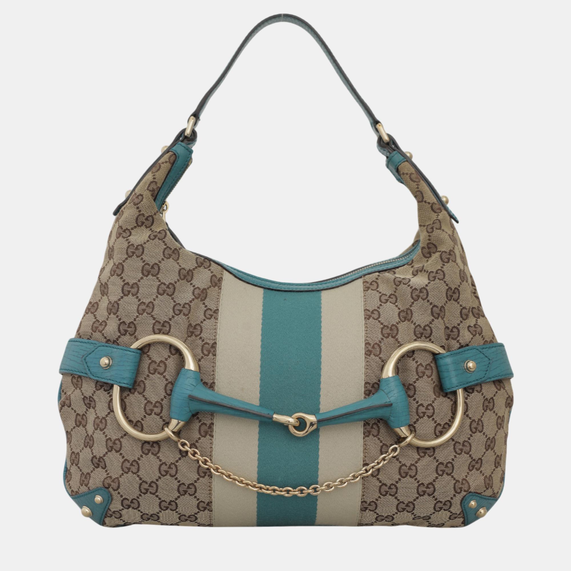 

Gucci Blue, Brown Leather, Canvas Oversized Horsebit Hobo Bag