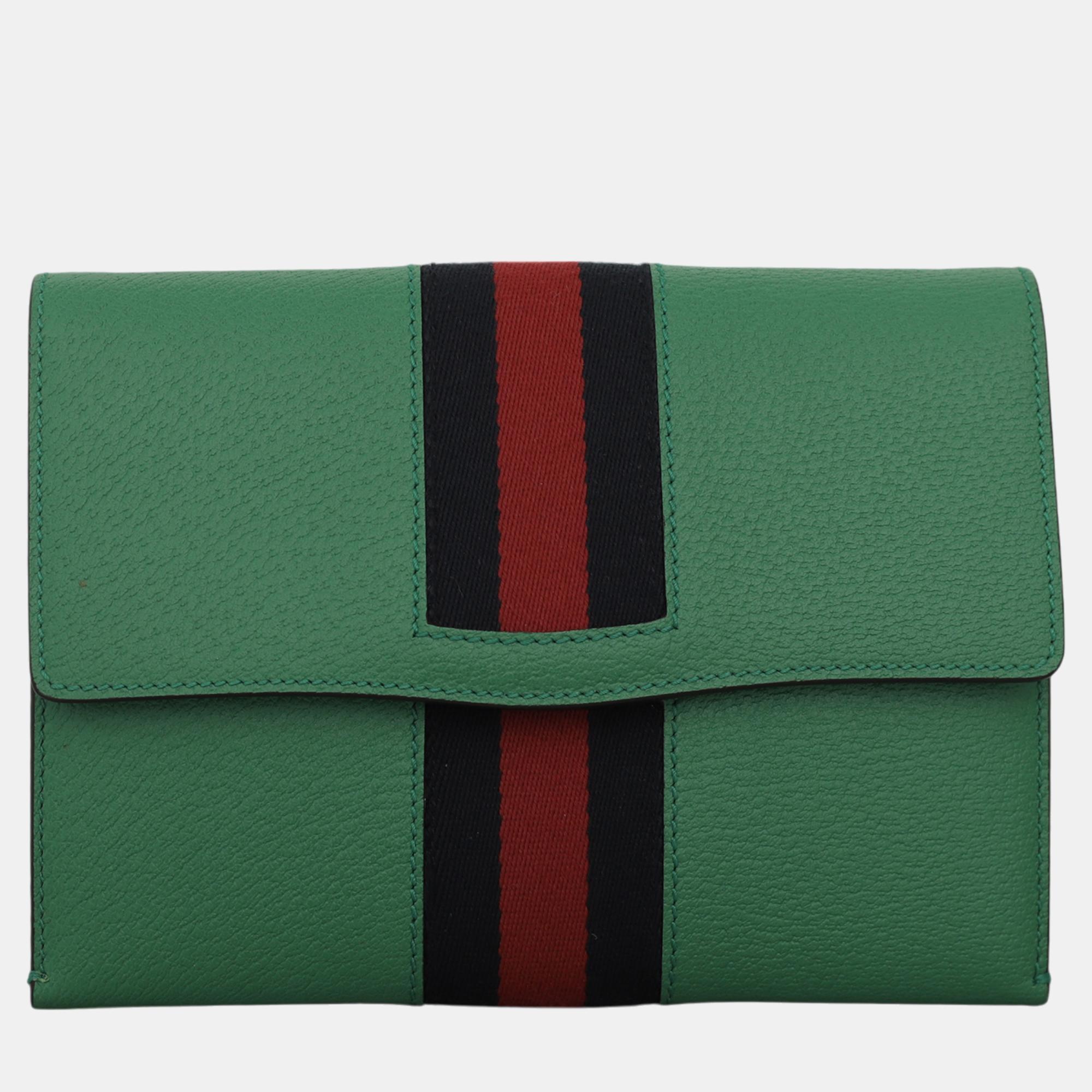 Pre-owned Gucci Leather Web Clutch In Green