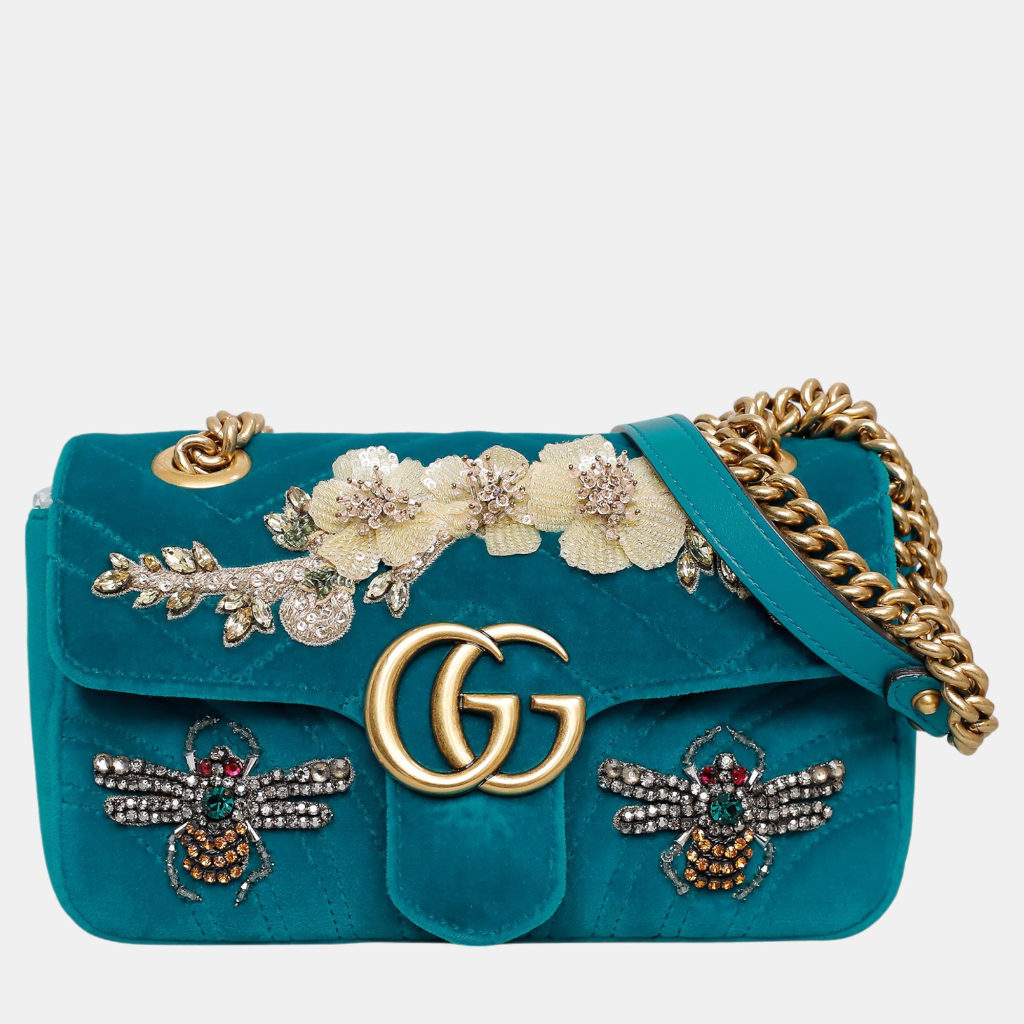 

Gucci Teal Velvet Mini Velvet Embroidered GG Marmont Flap Bag, Blue