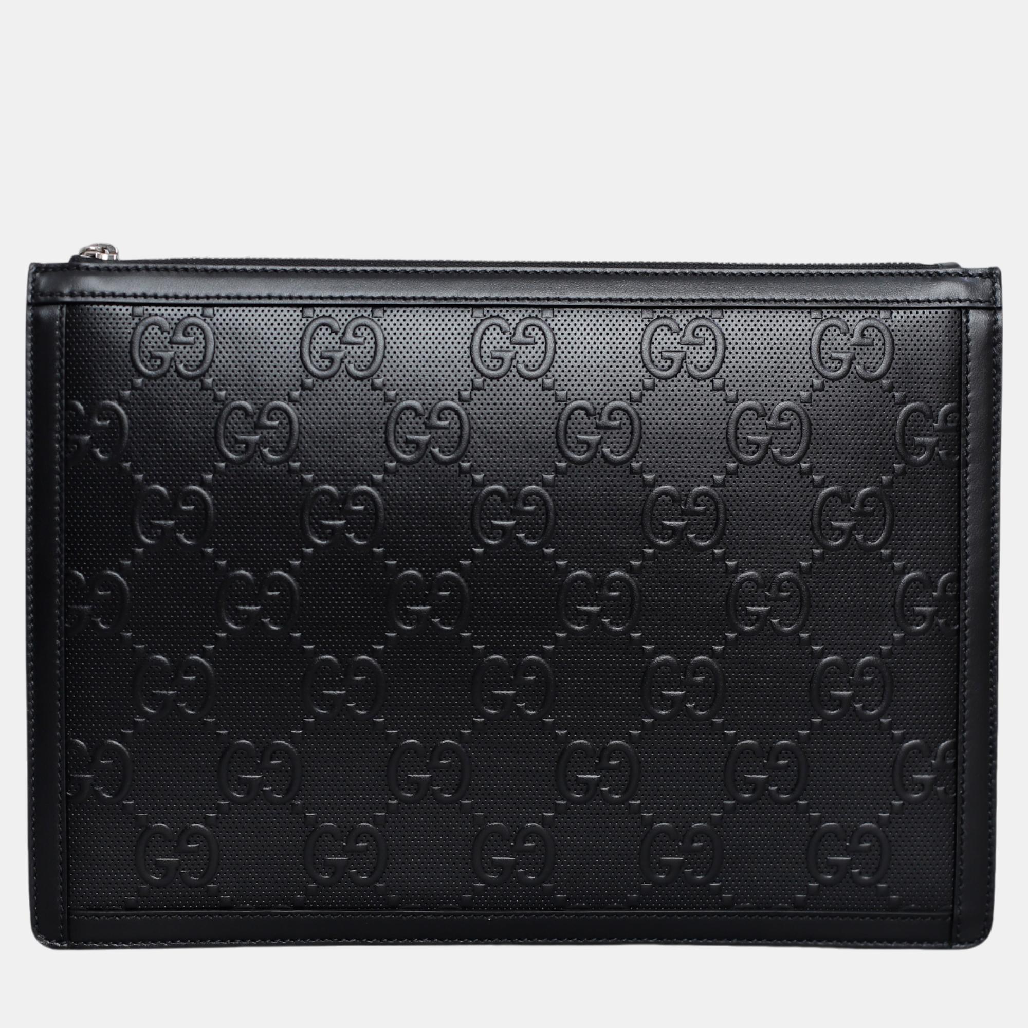 Pre-owned Gucci Gg Embossed Leather Pochette Clutch In Black