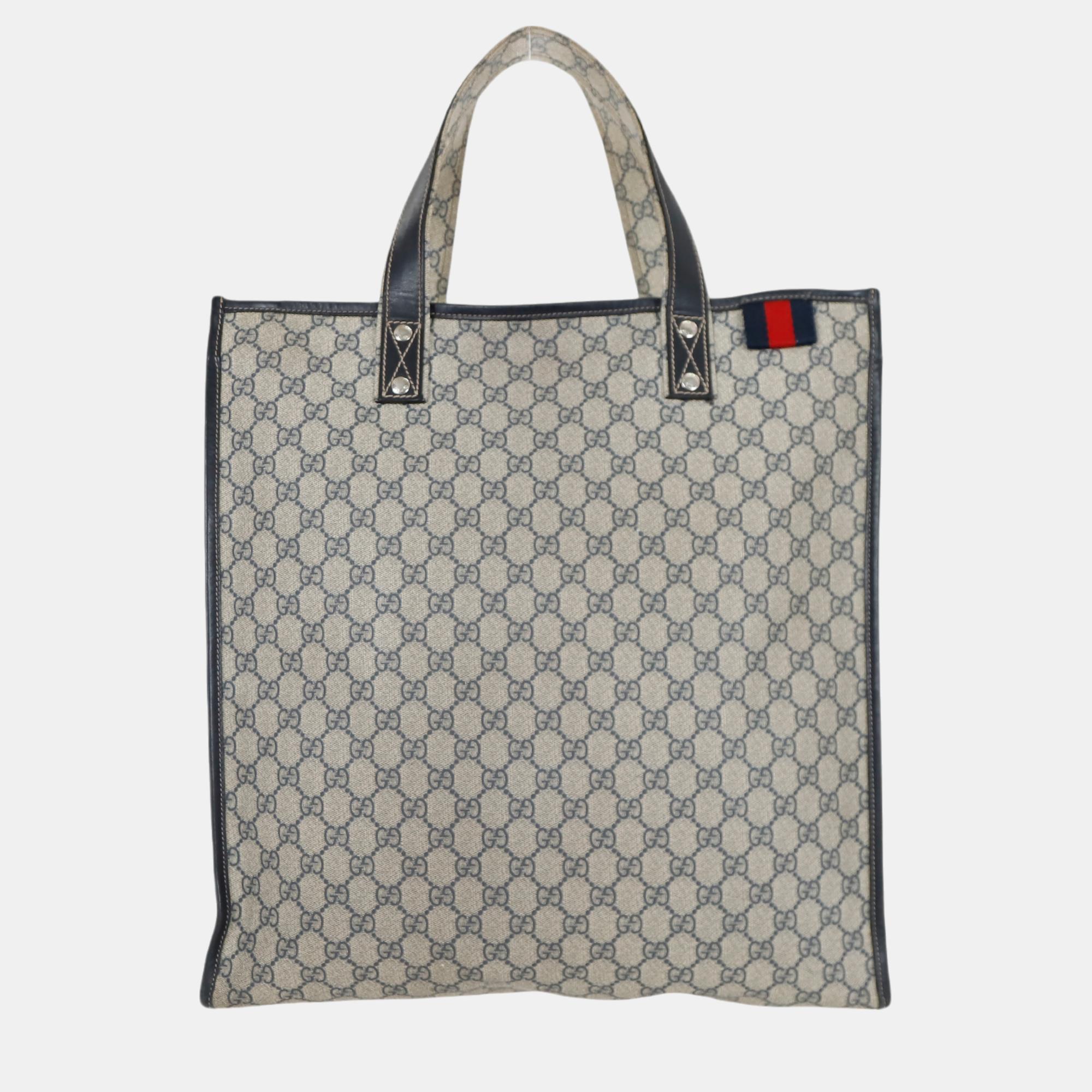 

Gucci Navy Blue GG Supreme Canvas Vertical Web Loop Tote, Beige