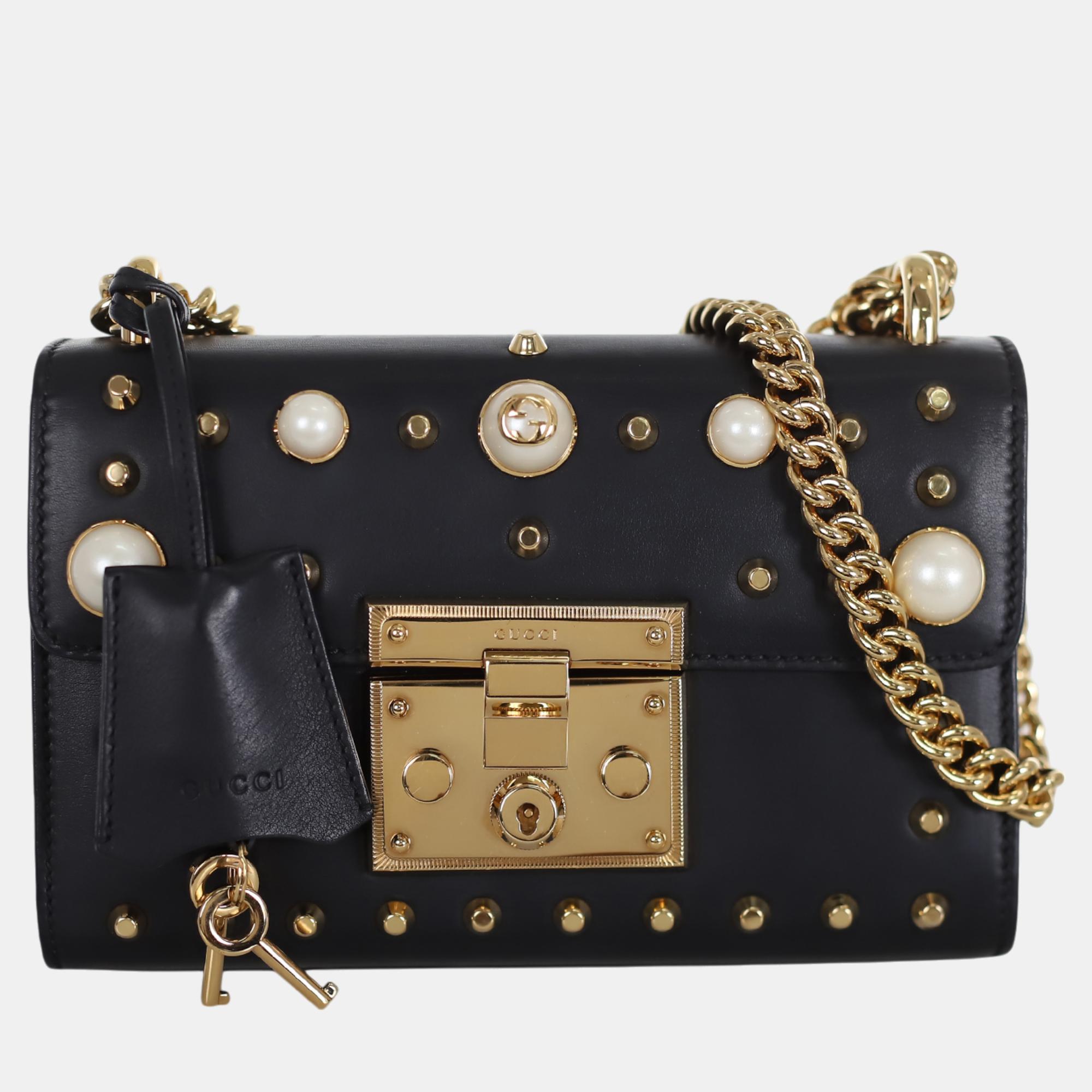 Pre-owned Gucci Padlock Pearl Shoulder Bag In Black