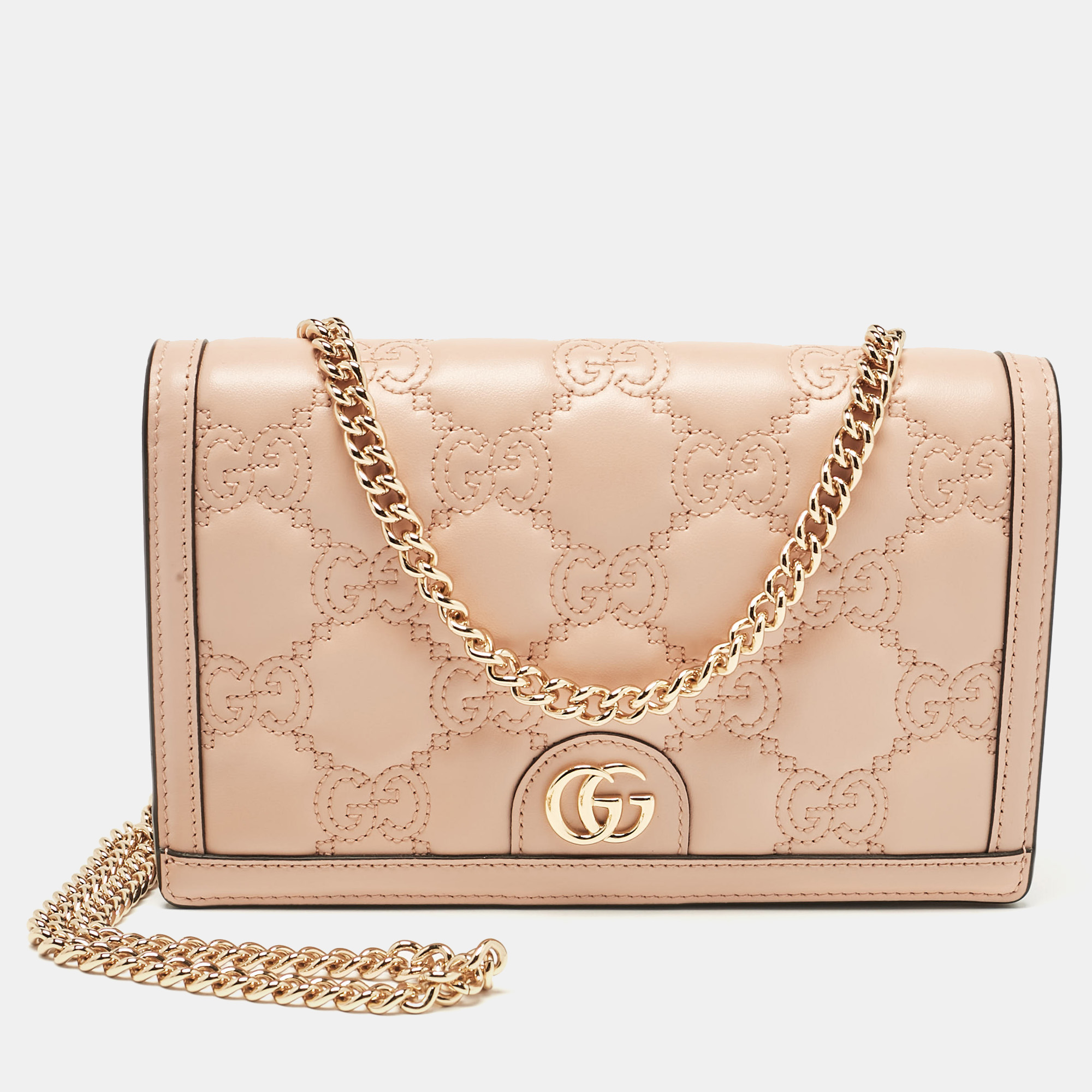 

Gucci Rose Beige GG Matelasse Leather Wallet On Chain