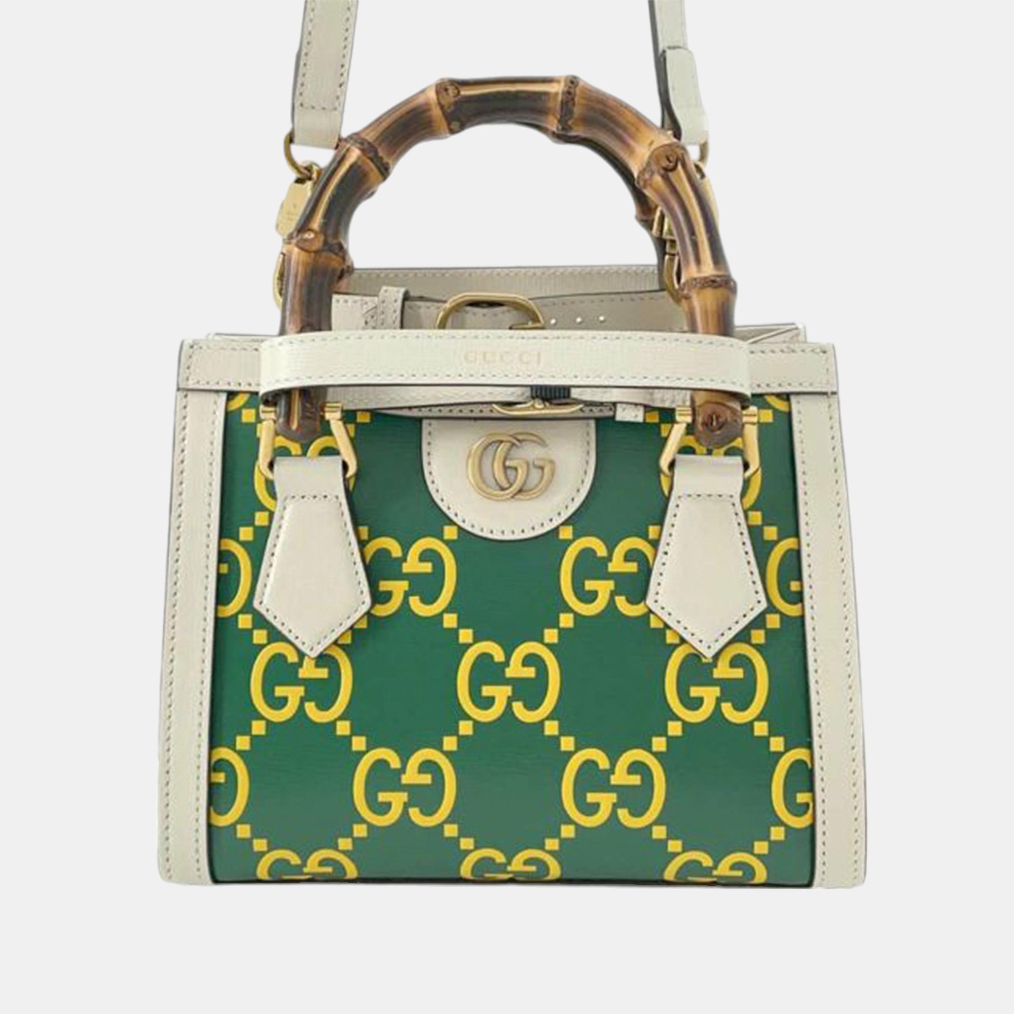 

Gucci Green/White Mini Leather Bamboo GG Diana Satchel