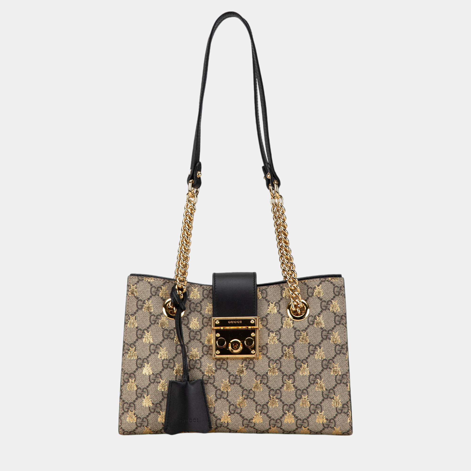 

Gucci Beige/Brown Small GG Supreme Bee Padlock Tote