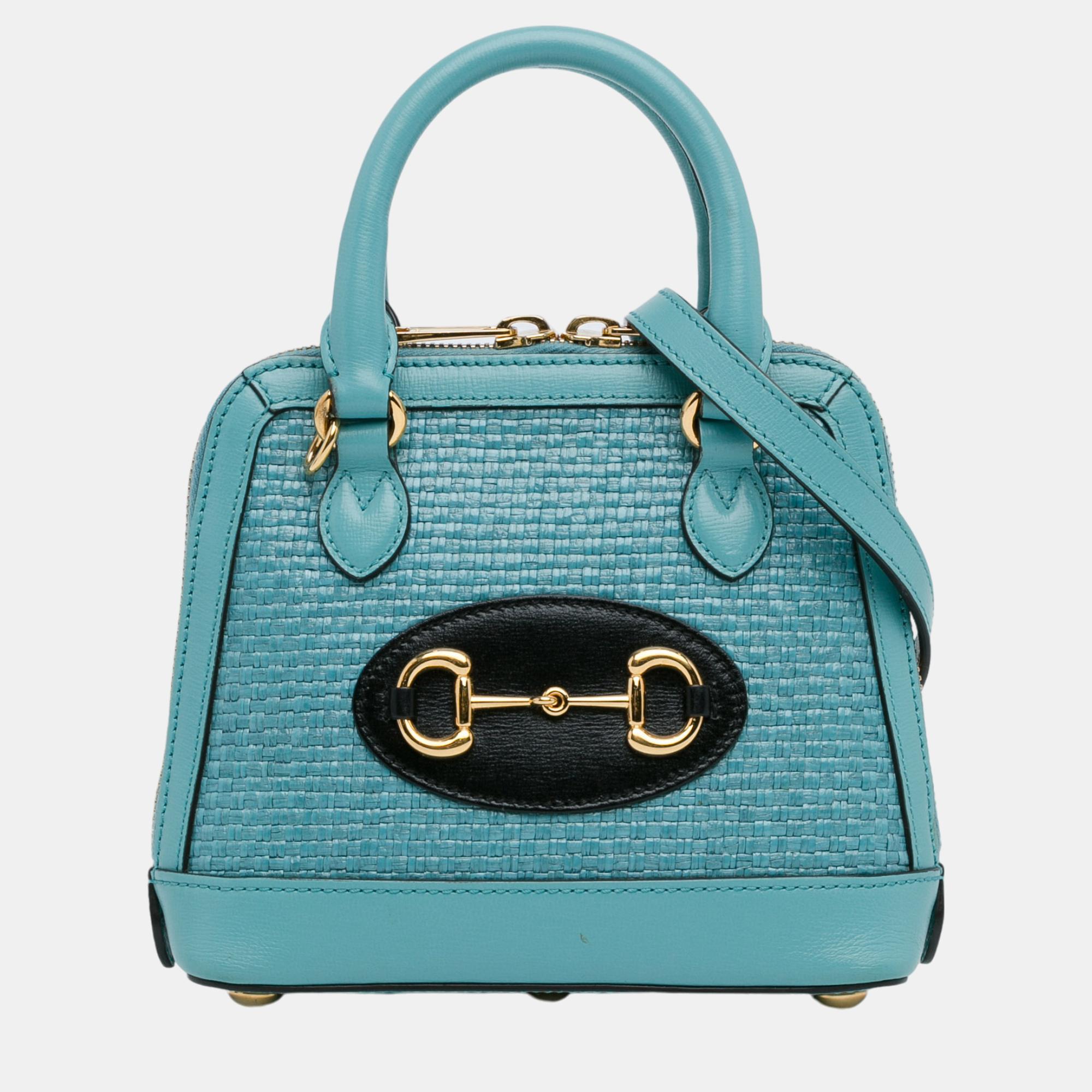 

Gucci Blue Mini Raffia Horsebit 1955 Top Handle Bag