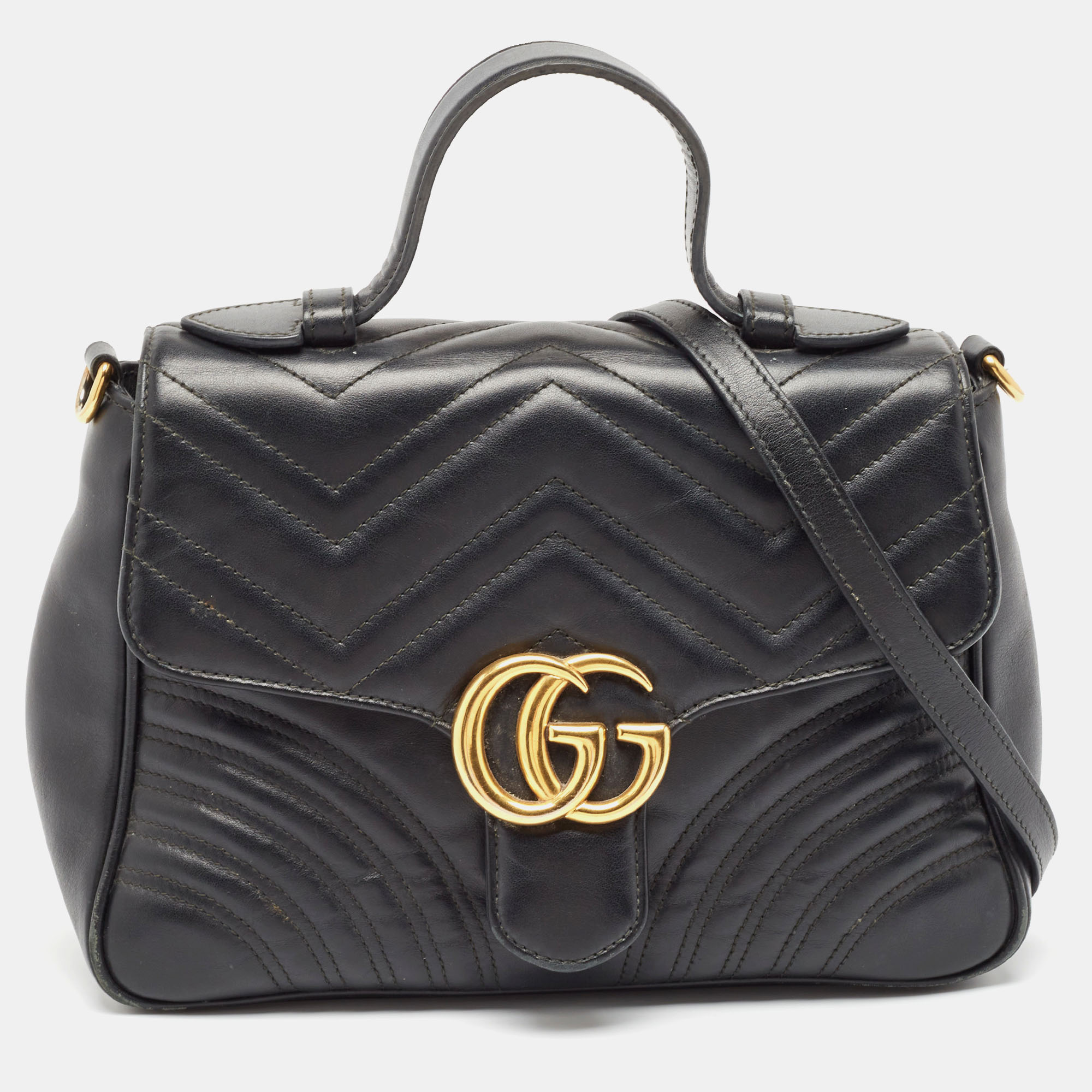 

Gucci Black Matelassé Leather  GG Marmont Top Handle Bag