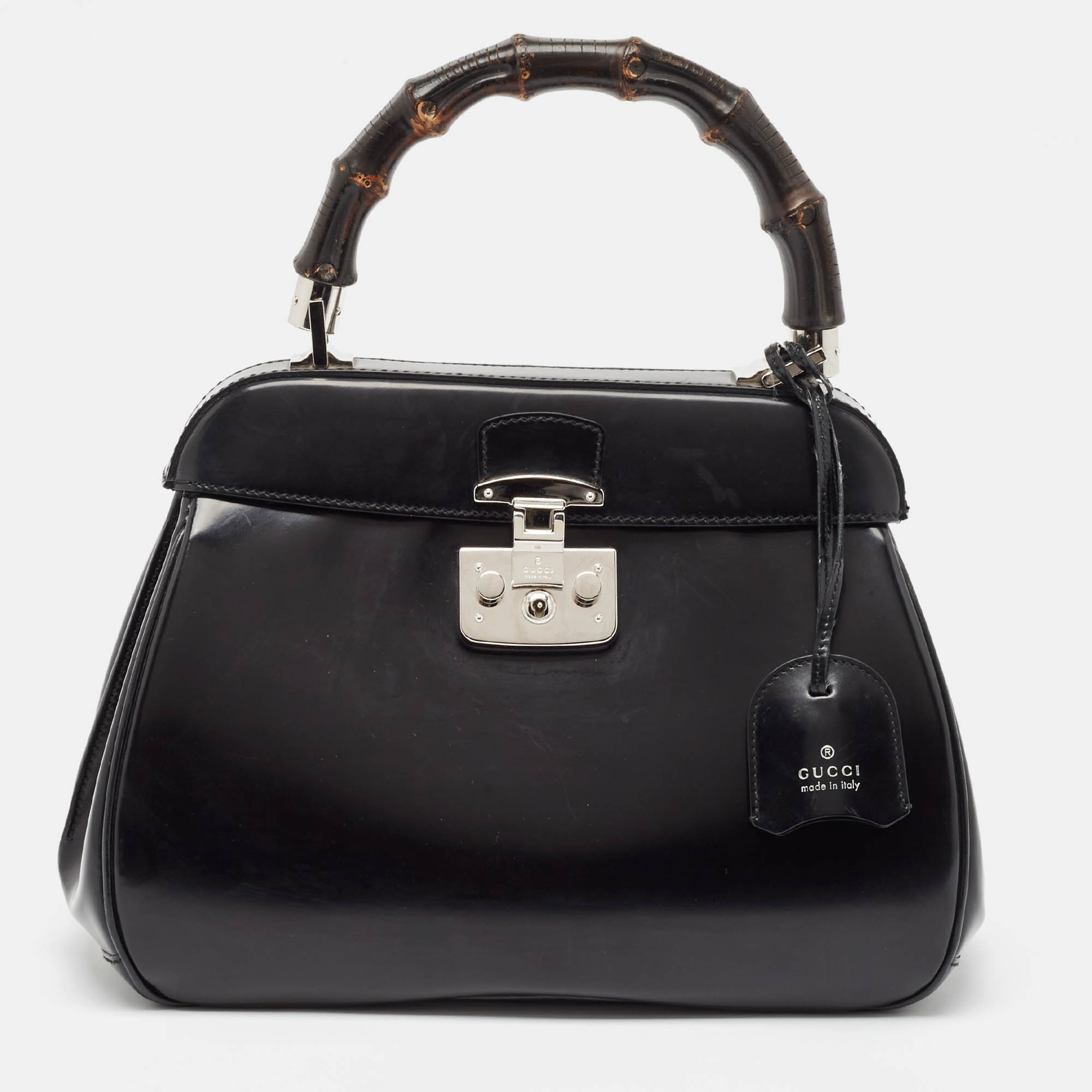 

Gucci Black Glossy Leather Bamboo Lady Lock Top Handle Bag