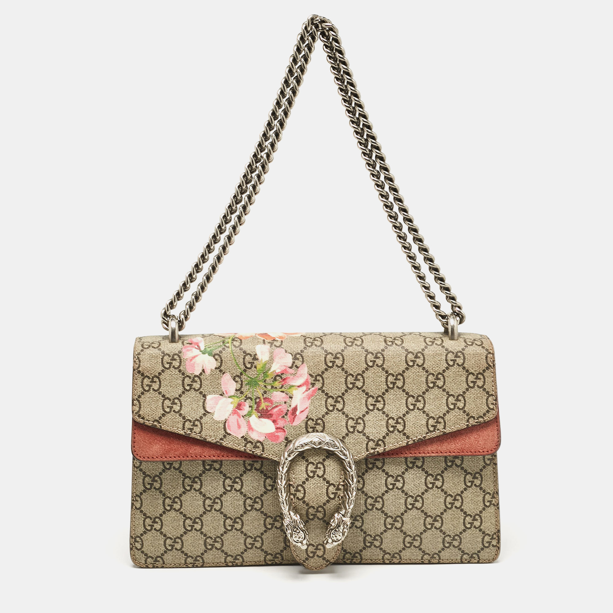 Pre-owned Gucci Pink/beige Signature Coated Canvas And Suede Small Dionysus Shoulder Bag