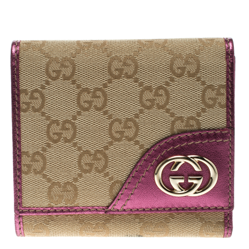 Gucci Beige/Metallic Magenta GG Canvas Britt Compact Wallet