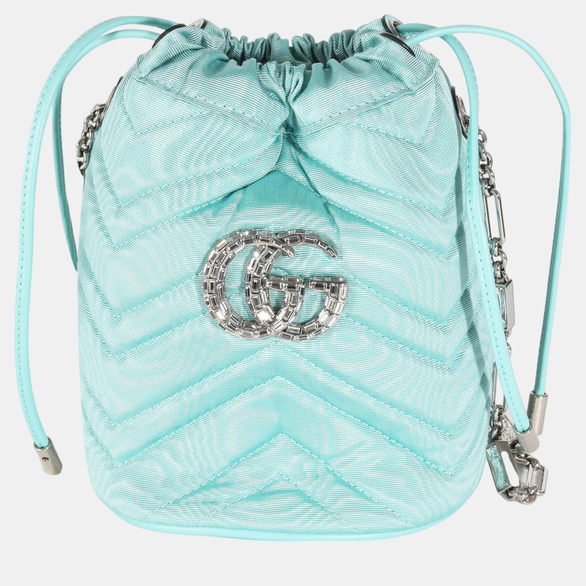 

Gucci Blue Moire Fabric Matelasse Crystal GG Mini Marmont Bucket Bag