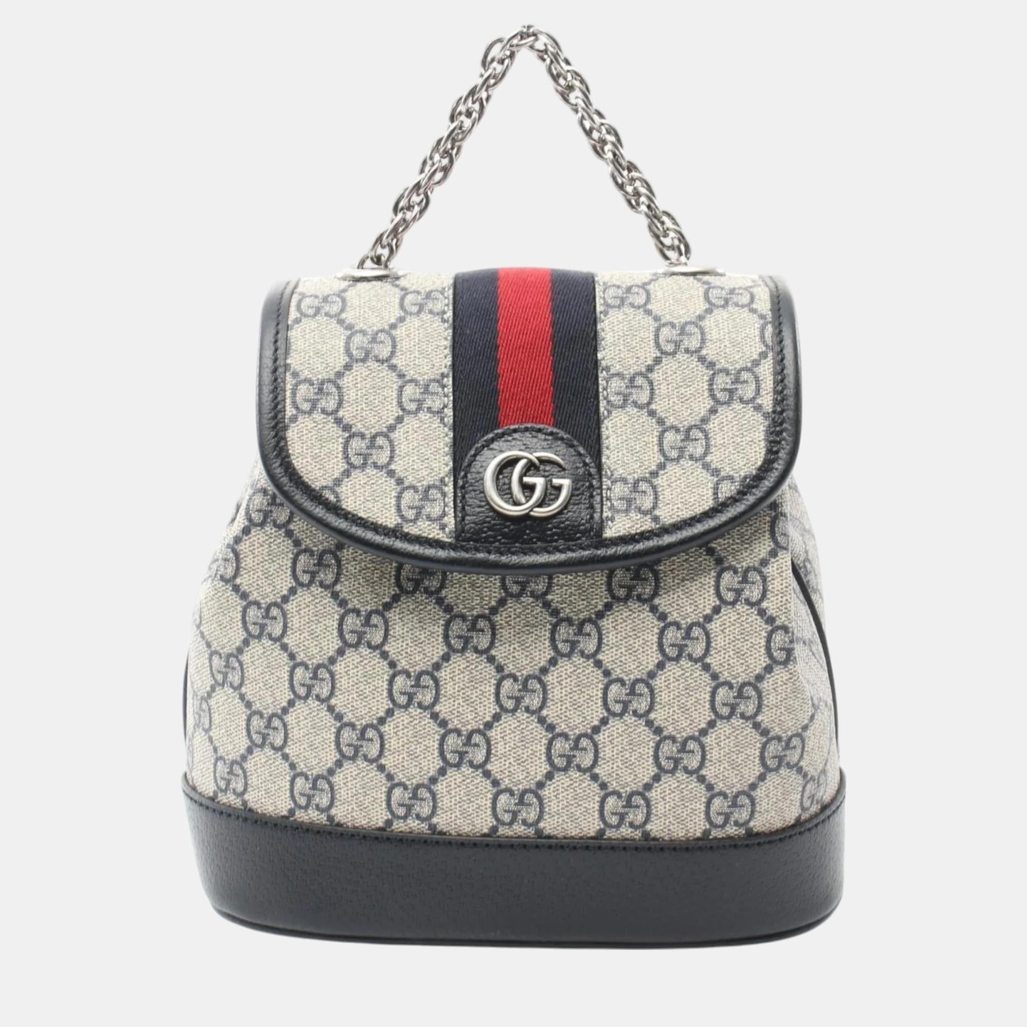 

Gucci White Navy Coated Canvas Leather Offdia GG Supreme Backpack, Navy blue