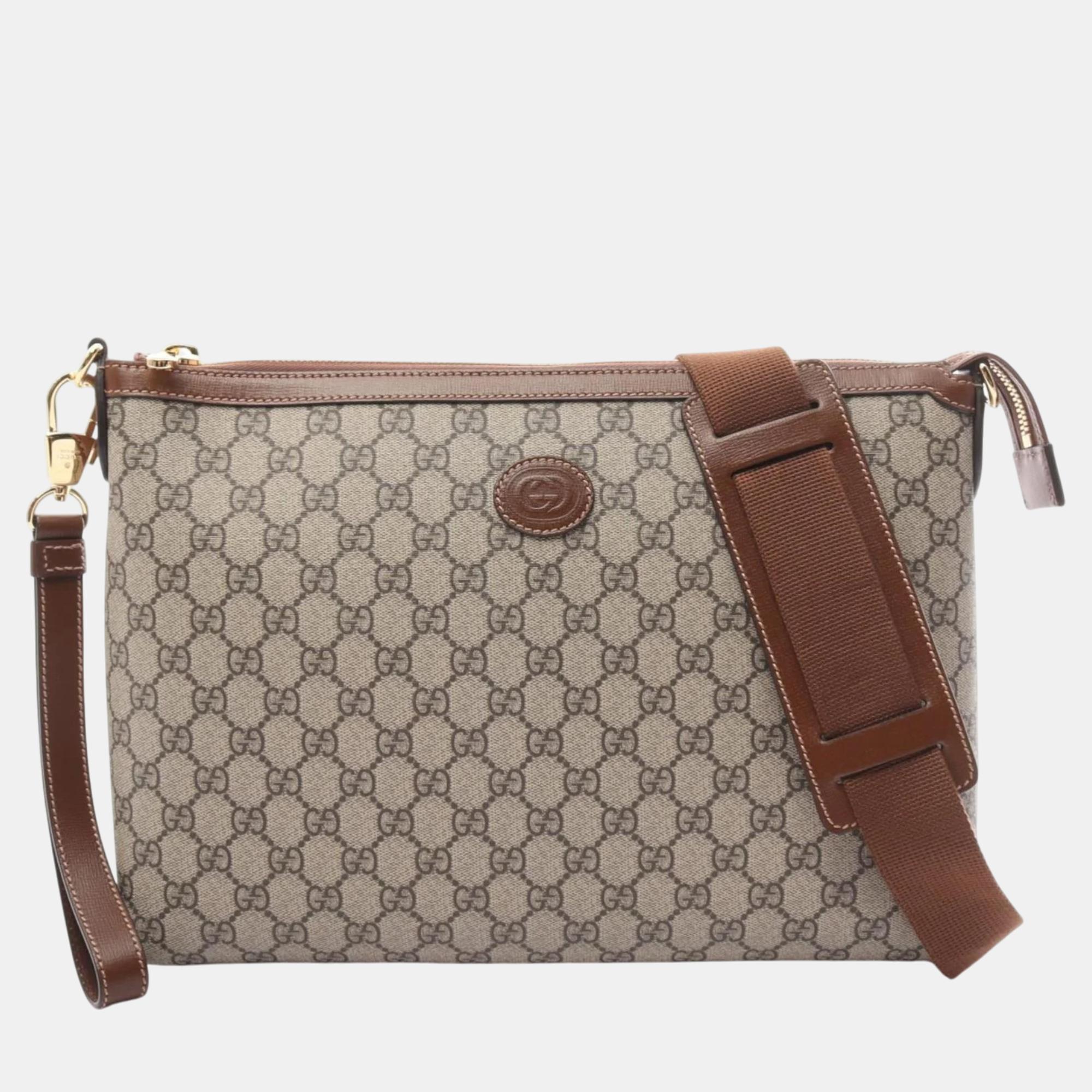 

Gucci Beige Brown Coated Canvas Leather GG Supreme Shoulder Bag