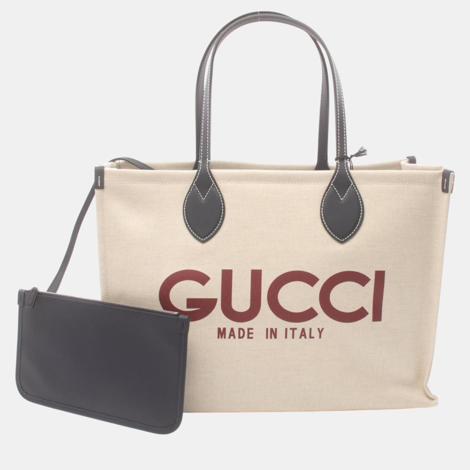 

Gucci Beige Navy Bordeaux Canvas Leather Printed Bag