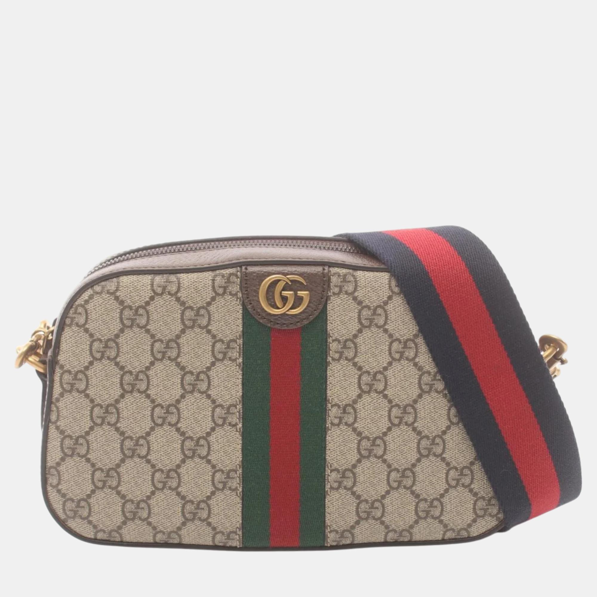 

Gucci Beige Brown Multicolor Coated Canvas Leather Ophidia GG Supreme Small Crossbody Bag