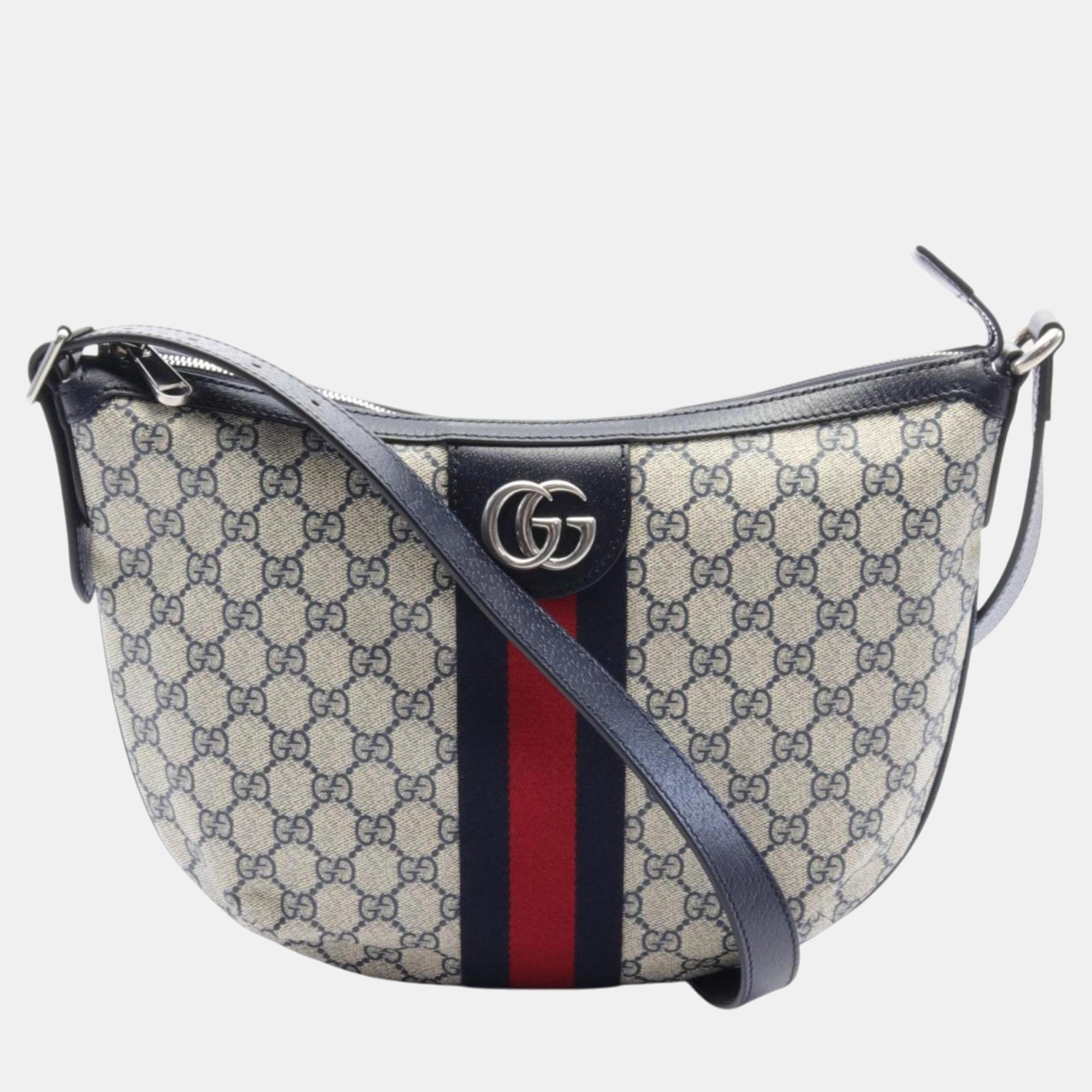 

Gucci Beige Navy Red Coated Canvas Leather Ophidia GG Small Supreme Shoulder Bag