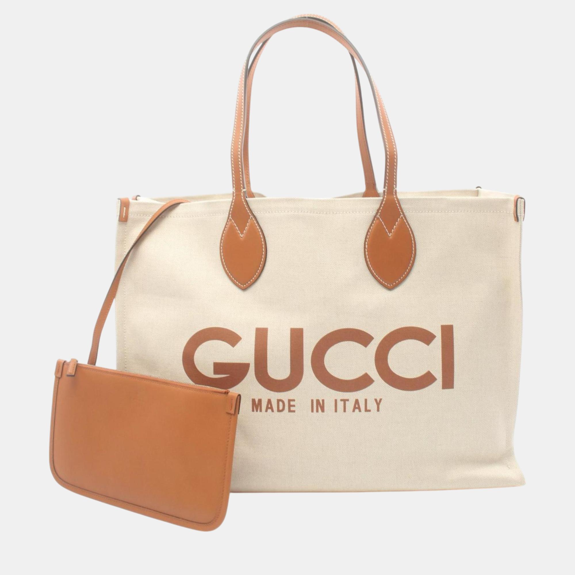 

Gucci Beige Brown Canvas Leather Printed Bag