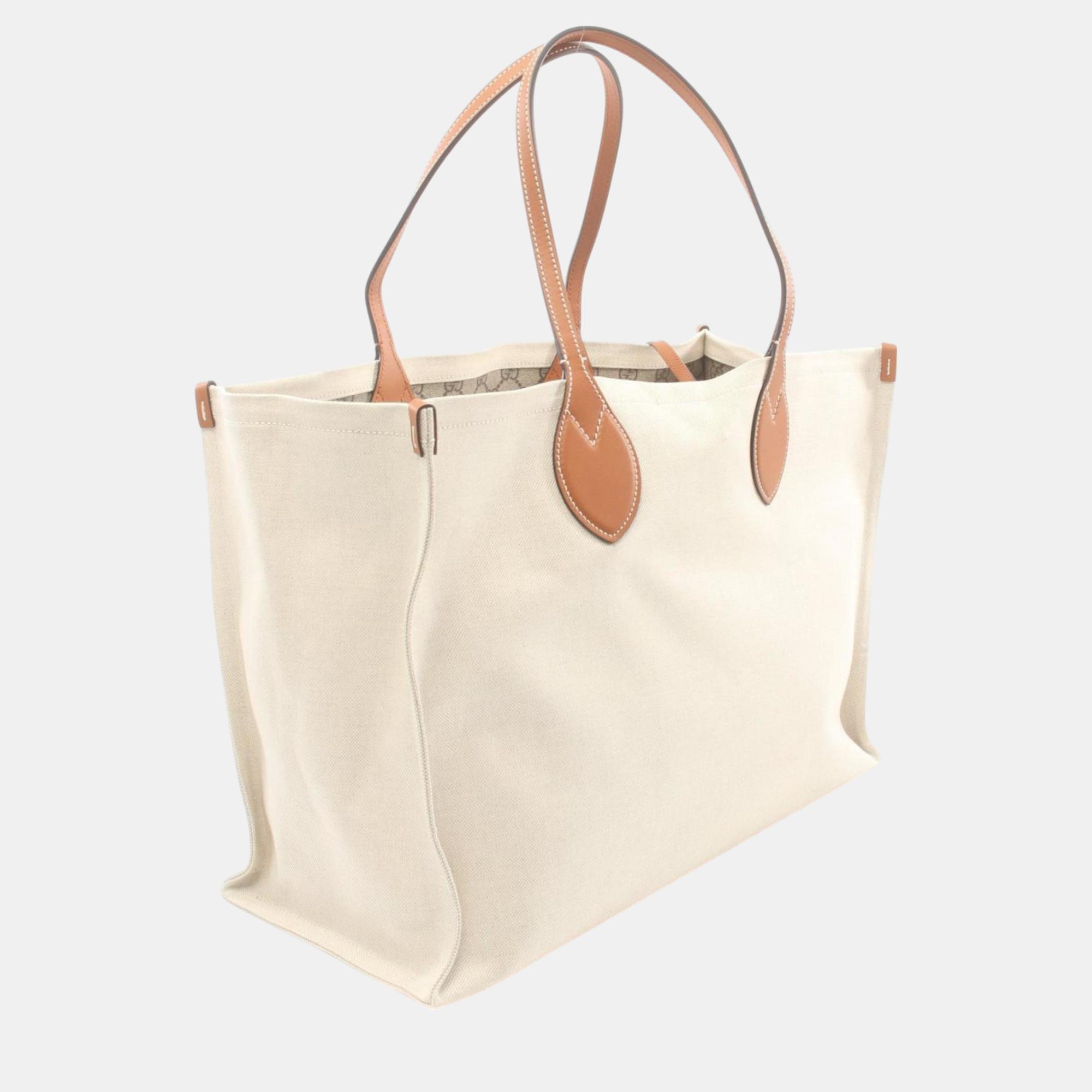 Gucci Beige Brown Canvas Leather Printed Bag 