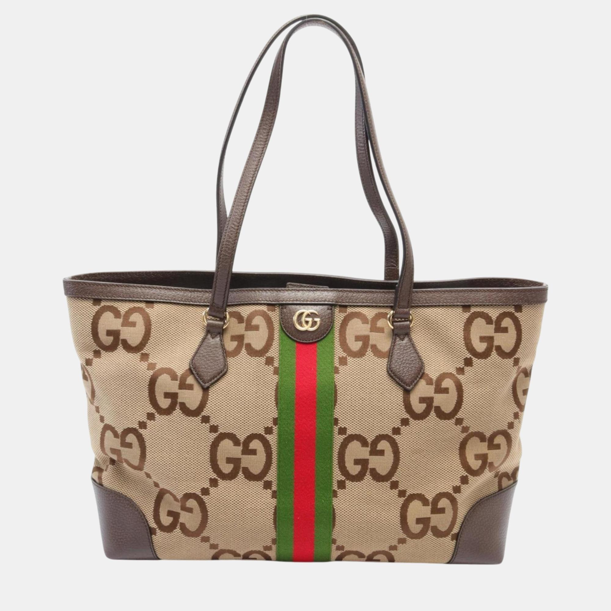 

Gucci Beige Brown Multicolor Canvas Leather Medium Tote Jumbo GG Sherry Line Bag